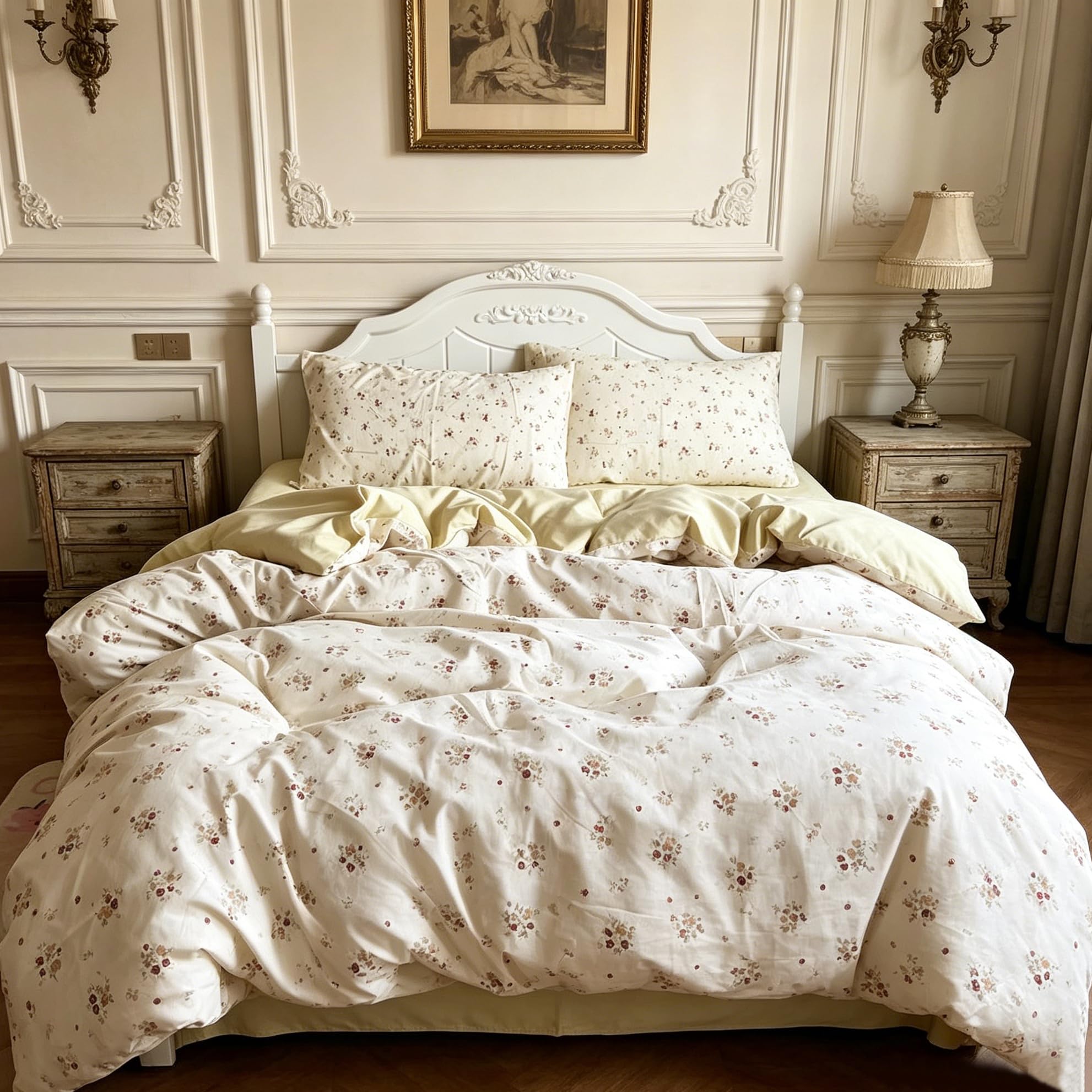 Housse de couette 240x260 fleurie grand lit adulte beige et jaune avec 2 taies 50x75