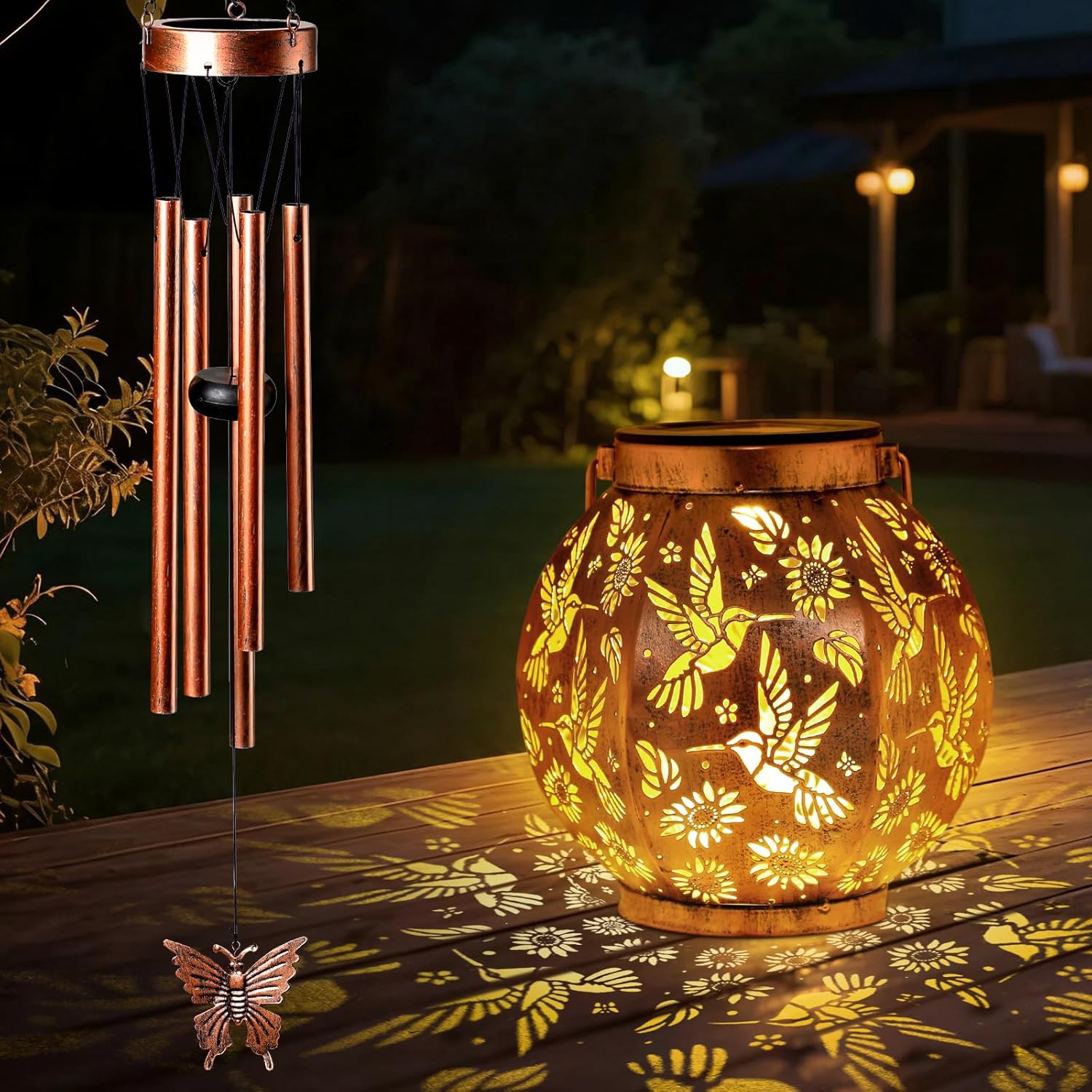 Round Lantern Wind Chimes-Hummingbird，Handcrafted Garden Art with Melodic Tones, Weather-Resistant Metal Wind Chime for Outdoor Patio, Porch, and Garden Decor, for Nature Lovers