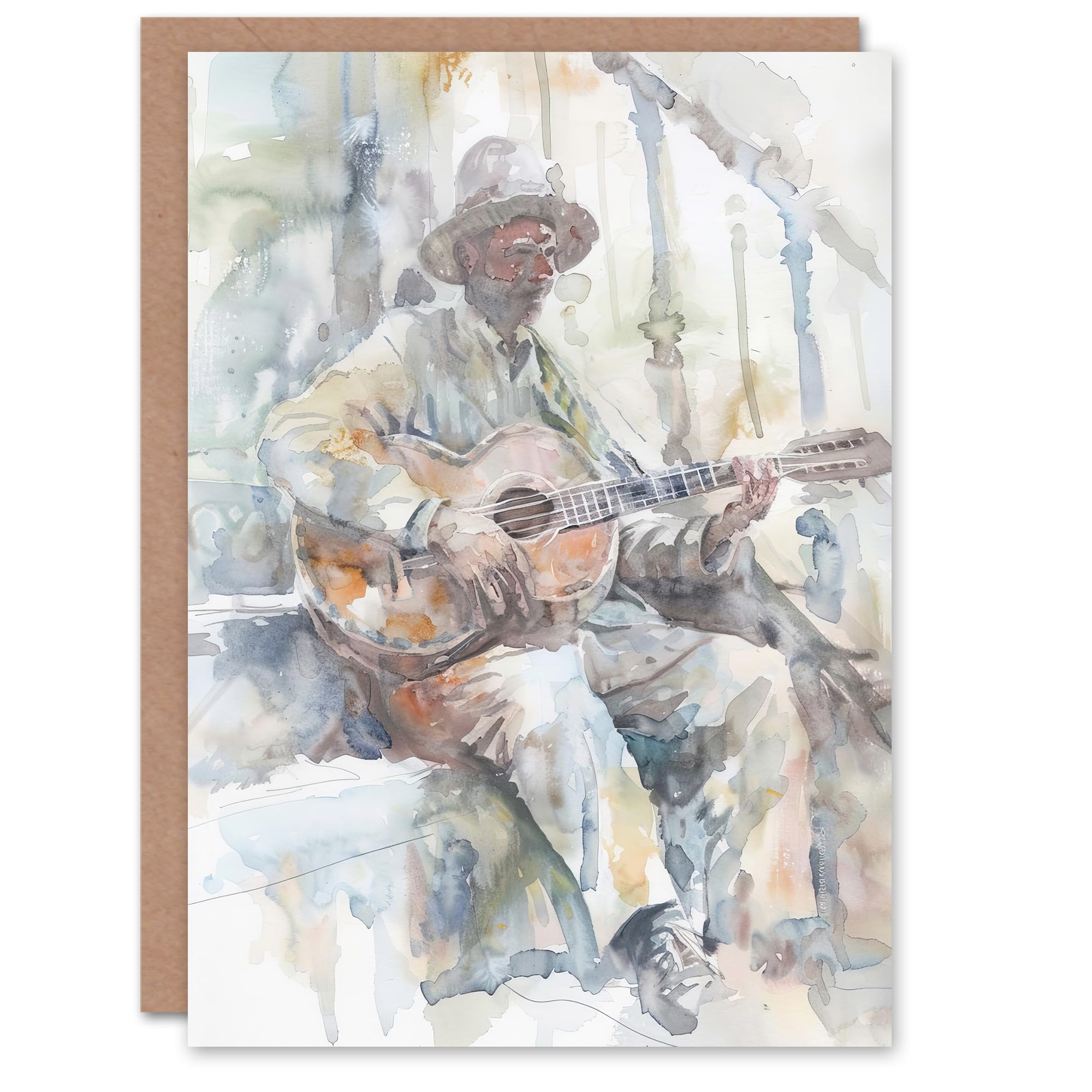 Artery8 Greeting Card Street Musician Playing Acoustic Guitar Watercolour Blank For All Him Or Her Art Birthday Card