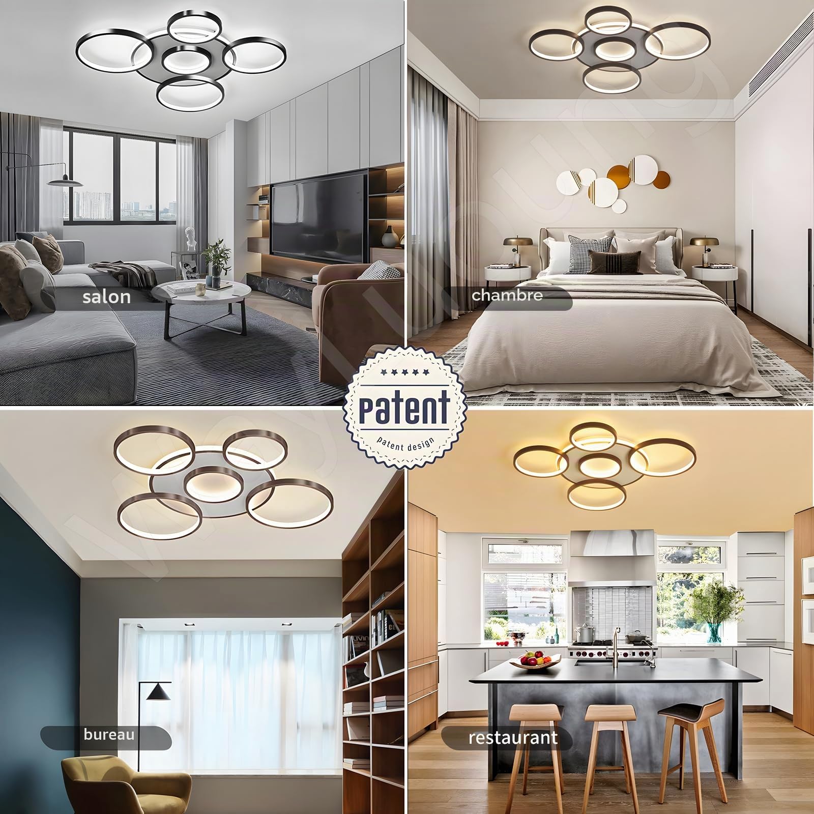 Plafonnier LED | Plafonnier De Salon Moderne À 6 Anneaux | Cercle Rond Noire 86W/Ø85cm | Plafonniers De Chambre | 2700K-6500K Dimmable Avec Télécommande | Lampe De Plafond D'Intérieur De Restaurant