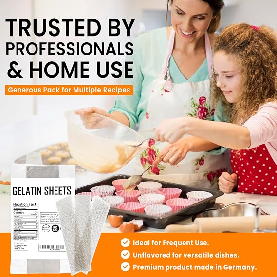 Silver Gelatin Sheets for Baking 25 Count (63 Grams) Unflavored Clear Leaf Rectangles for Desserts 170 Bloom Strength Product of Germany Easy to Use by Fit Lane Nutrition