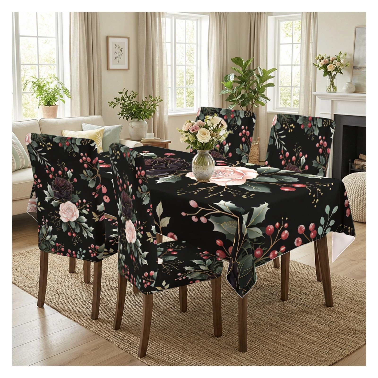 Nappe de fête de Noël et housses de chaise imprimé végétal de qualité