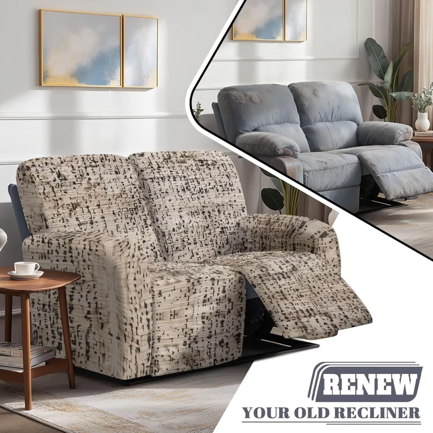 Loveseat Recliner Slipcover Washable 2 Seater Reclining Couch Cover with Pocket, 6 PCS Soft Recliner Love Seat Slipcover Reclining Sofa Cover for Kids, Vintage Distressed Print