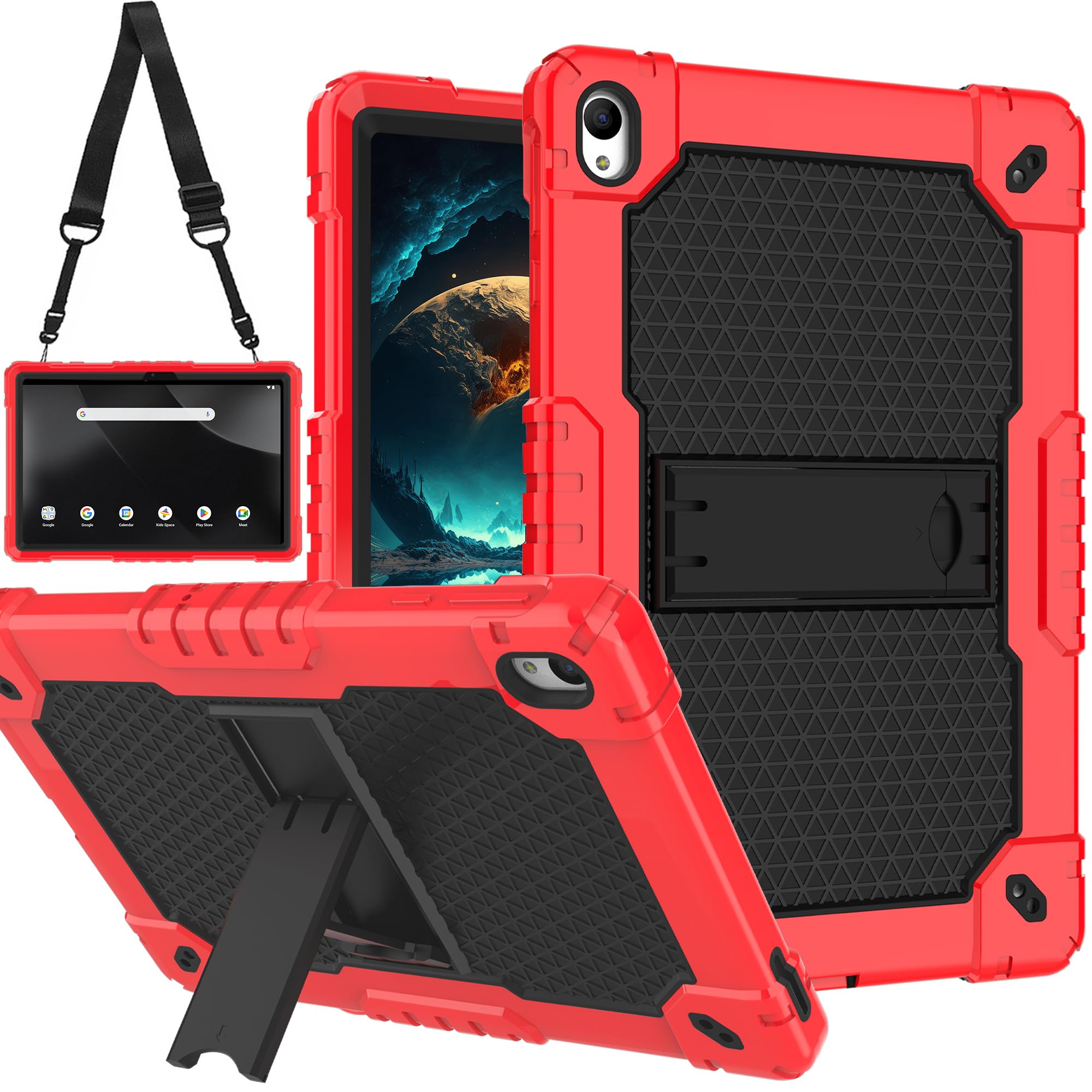 Doemoil Hybrid Case for Walmart Onn 11 inch Tablet Pro 2024 Model 100146660 Kids Friendly with Stand and Adjustable Shoulder Strap (Red/Black)