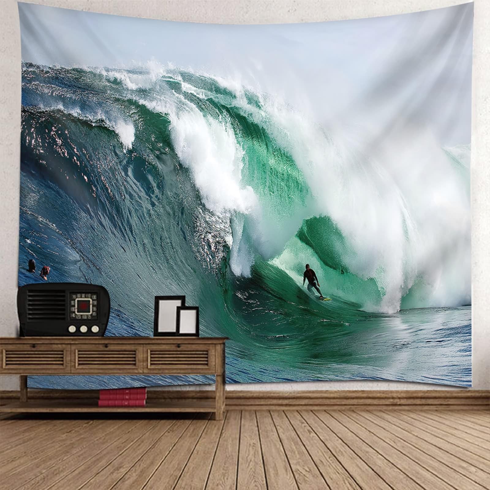 Tappeto Parete Soggiorno, Onda dell'Oceano e Surfista da Appendere alla Parete per la Decorazione della casa, 300x256cm