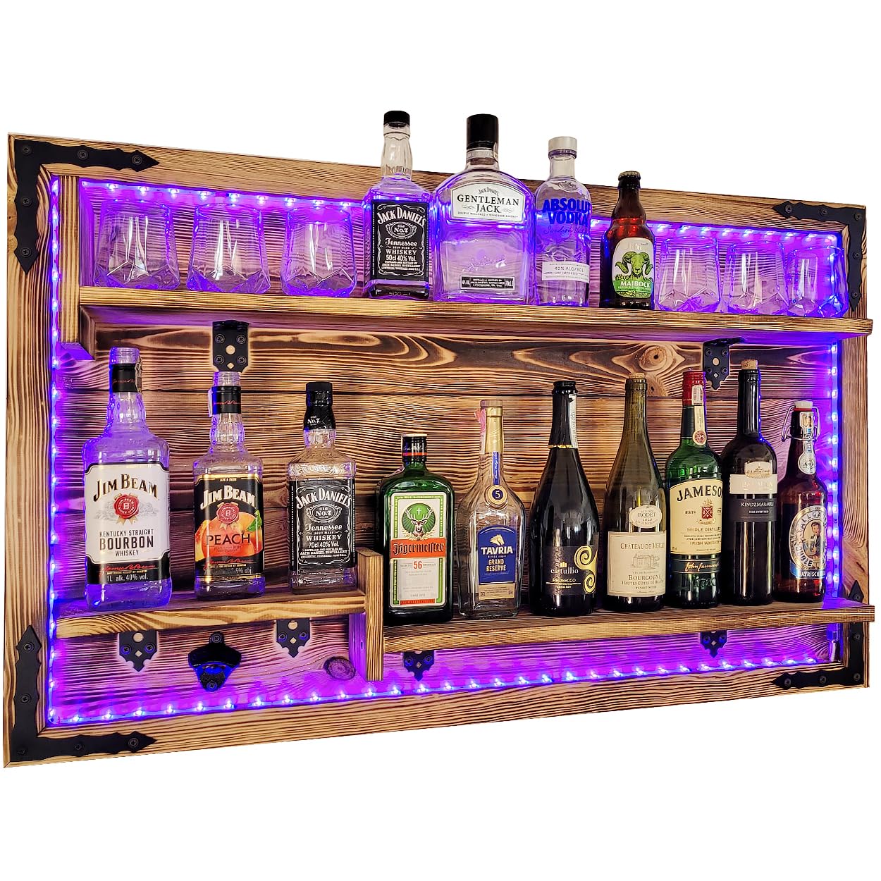 WEECO Étagère Murale en Bois avec Éclairage LED RGB - Meuble de Bar Rustique pour Bouteilles et Verres - Présentoir à Alcools avec 3 Étagères 112x72cm Bois brûlé