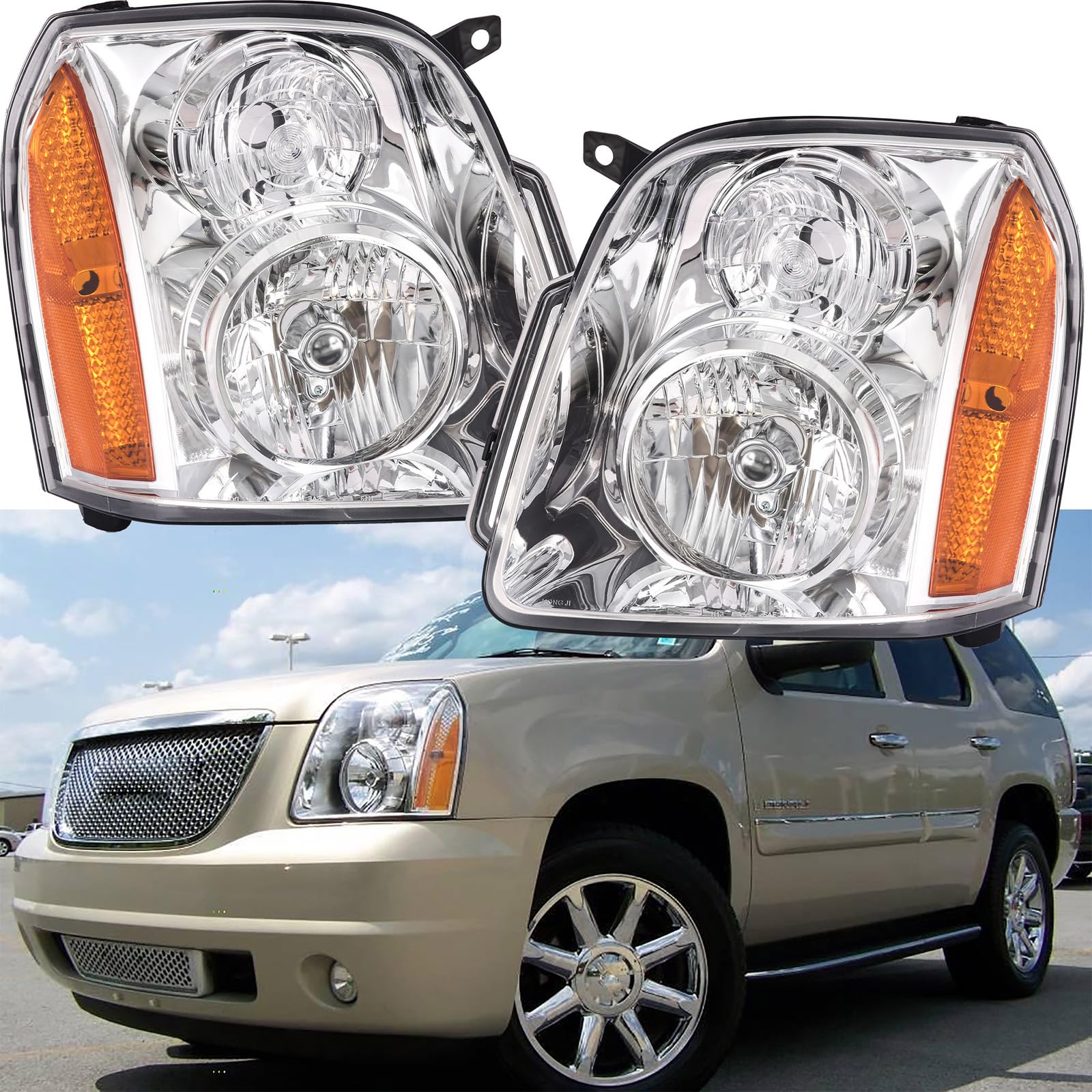 Photo 1 of ATOMTEC Headlight Assembly for 2007 2008 2009 2010 2011 2012 2013 2014 GMC Yukon XL 1500 2500 Headlights Chrome Housing Clear Lens Driver and Paseenger Side Replacement GM2502265 GM2503265