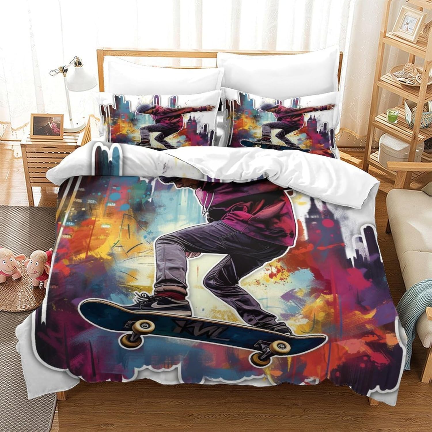 Housse de couette 155x220 fermeture éclair pour lit enfant parure microfibre facile à laver motif skate