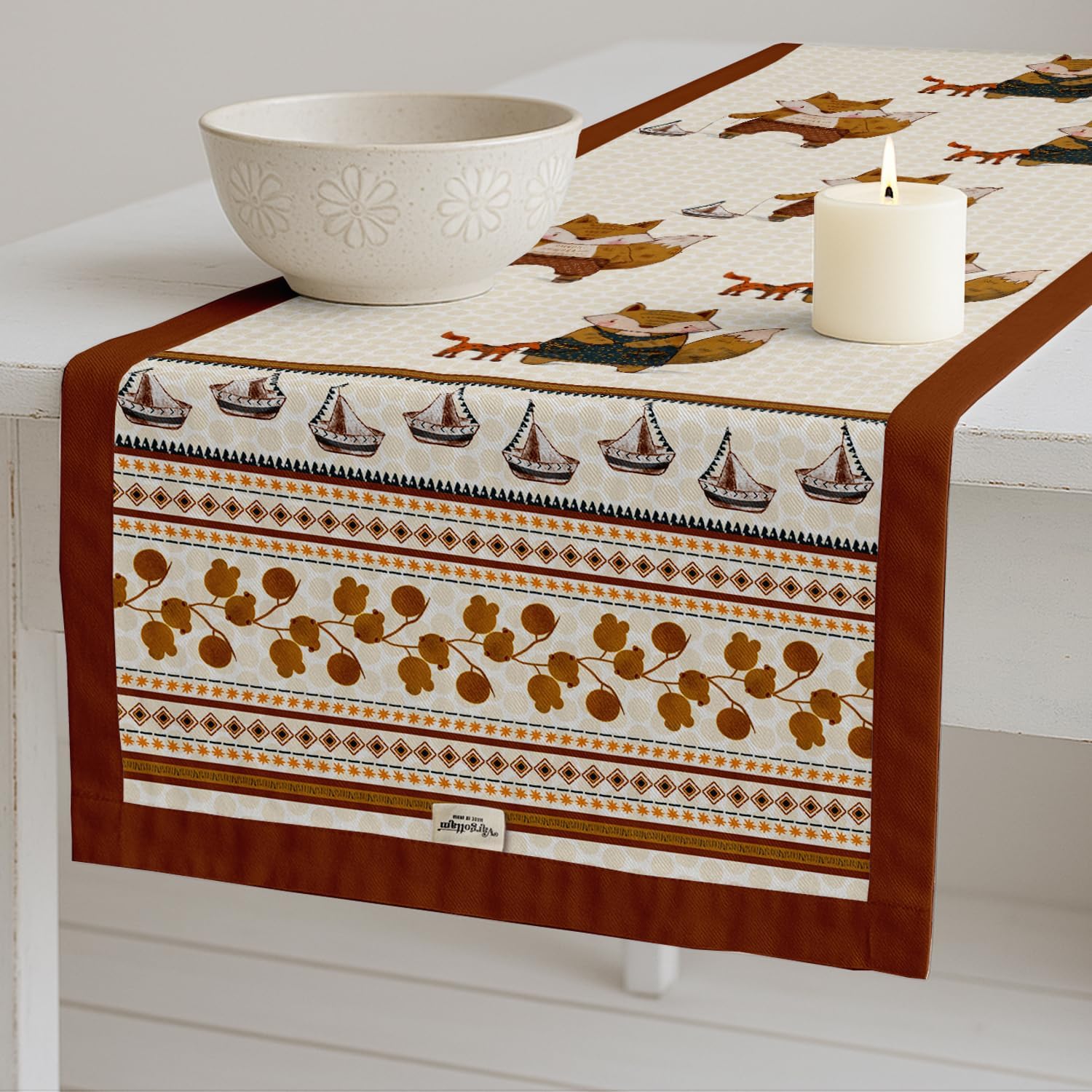 Premium Cotton Table Runner - Lightweight Double Layer - Border Design - Machine Washable Farmhouse Table Decor - Kids