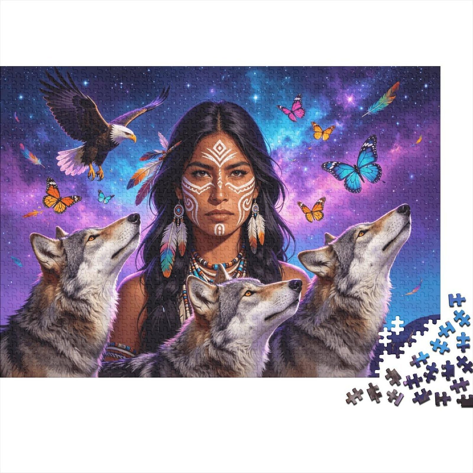 Native American Jigsaw Puzzles 1000 Pieces Recycled Material Wolves & Eagle Puzzles for Elderly Relieve Senile Dementia Fun Family Game Activity Home 38x26cm/1000pcs