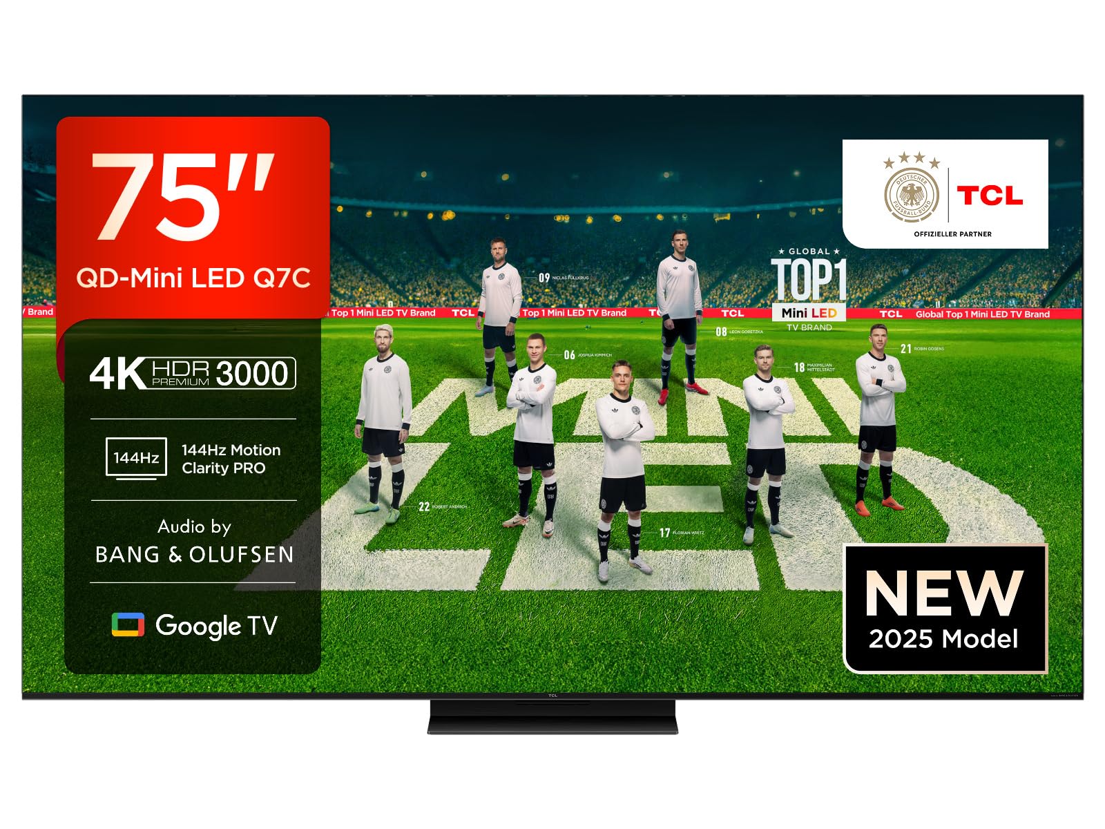 TCL 75Q7C QLED Mini LED Fernseher, 75 Zoll, 4K HDR Premium, Dolby Vision IQ & Atmos, Smart TV mit Google TV, 6.2.2 Sound, 144Hz VRR, AMD FreeSync Premium Pro, HDMI 2.1, AirPlay 2