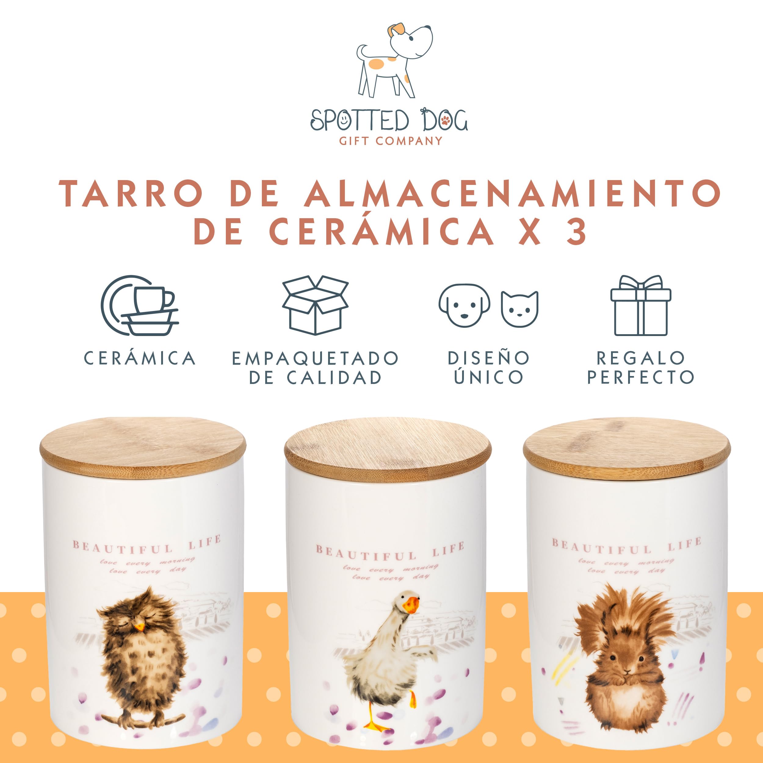 SPOTTED DOG GIFT COMPANY Juego de 3 Botes Cocina Almacenaje de Cerámica con Estampado de Ardilla Búho Ganso, Recipientes Herméticos para Alimentos con Tapa, Regalo para Amantes Animales