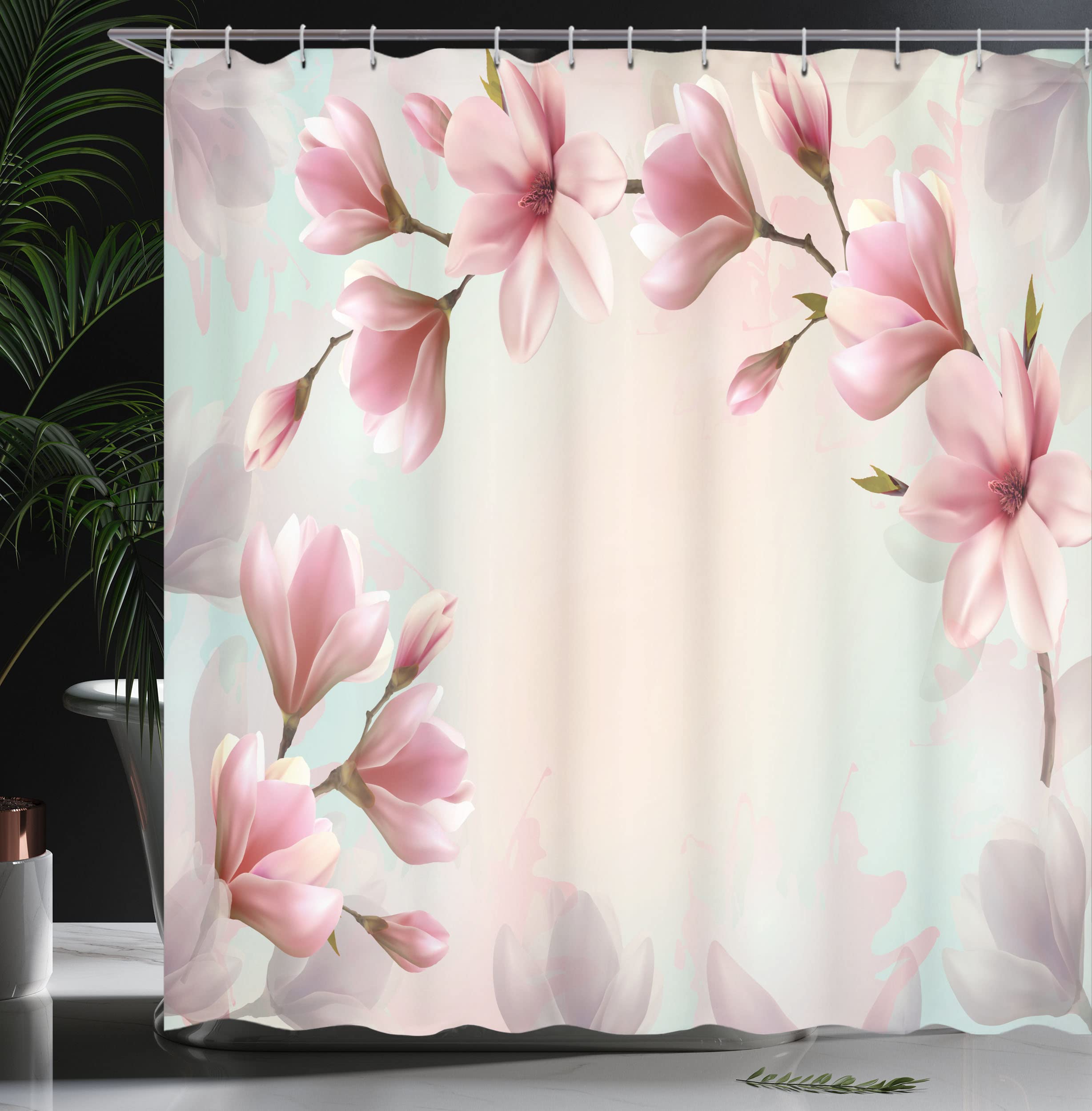 ABAKUHAUS Magnolia Shower Curtain, Double Exposure Effect Fragile Pink Petals and Sprouting Branches - Image 3