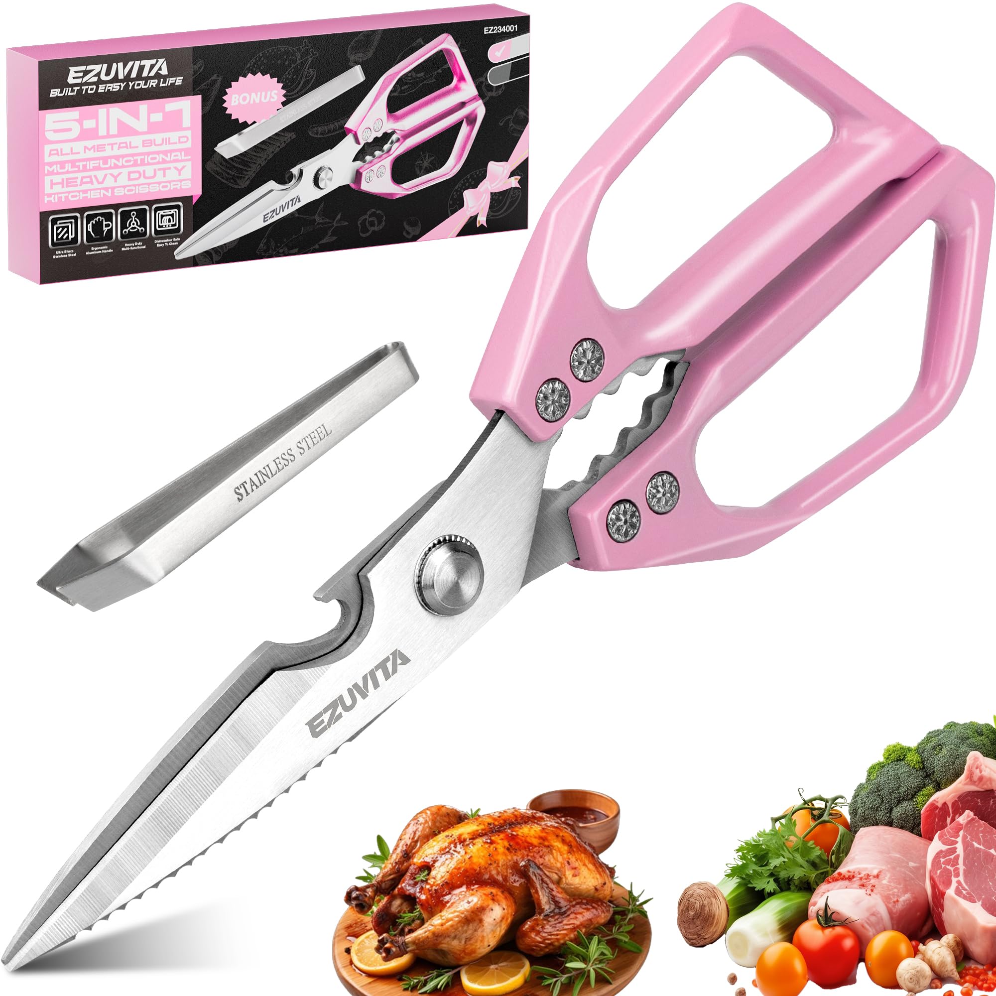 EZUVITA 5-in-1 Multifunctional Heavy-Duty Kitchen Scissors with Tweezer, All Purpose Kitchen Shears with Stainless Steel Blades, Dishwasher Safe Poultry Shears (Pink)