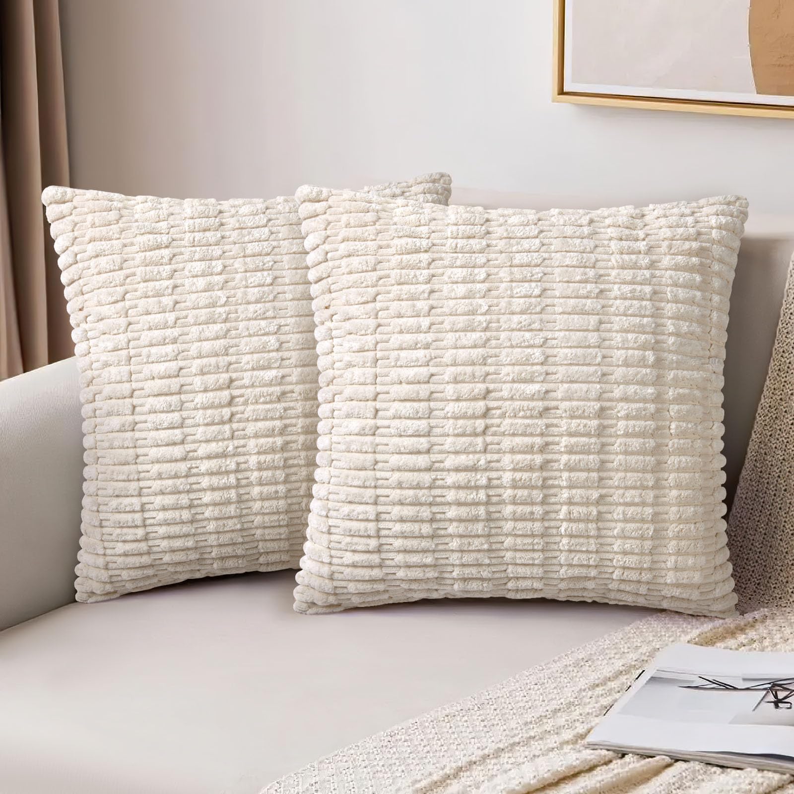 AUAUY Cushion Covers, 2 Pieces Beige Cushion Cover 45 x 45 cm, Corduroy Cushion Covers, Super Soft Sofa Cushion Covers, Modern Decorative Pillow Covers for Spring Home Decor, Sofa