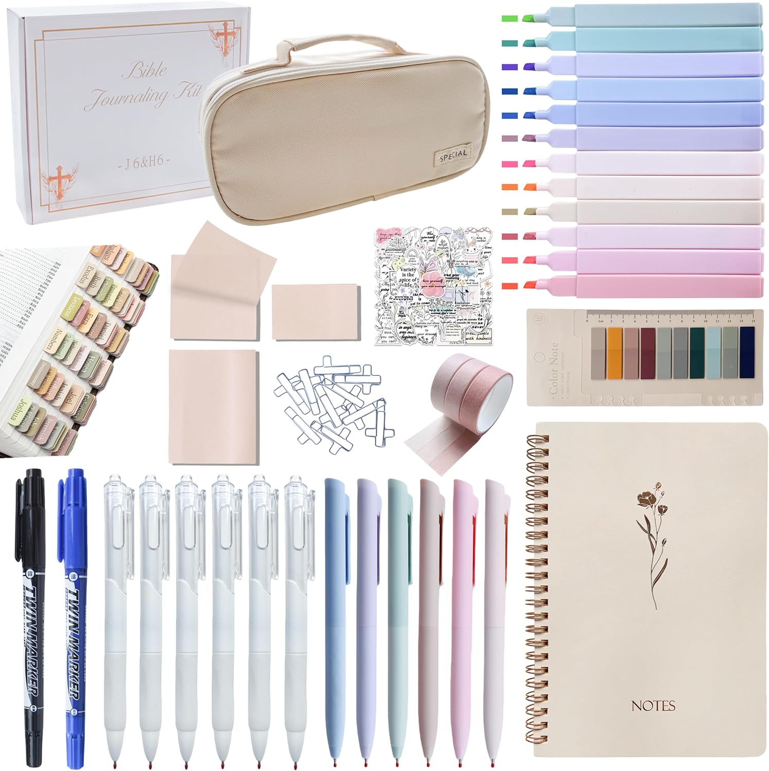 J6&H6 170Pcs Complete Bible Study Supplies Journaling Kit with Tabs, Highlighters and Color Pens, Notebook,Stickers & More Bible Accessories Set for Women, Beginner Christian Gifts(Lvory White)