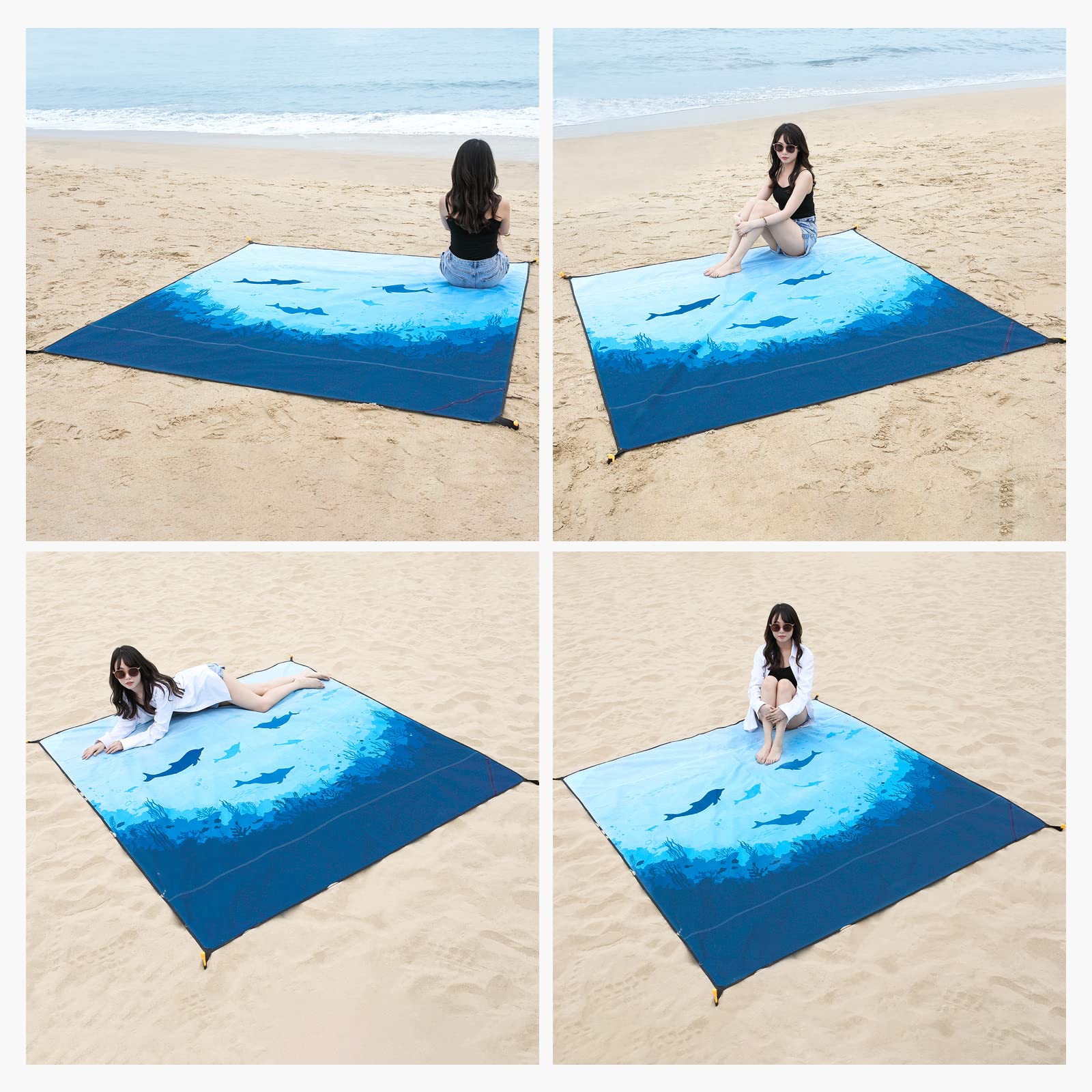 DEWUR Koc plażowy XXL, odporny na piasek, wodoszczelny, mata plażowa, koc piknikowy, duży na urlop, plażę, kemping, podróż (210 x 200 cm, morskie ryby)