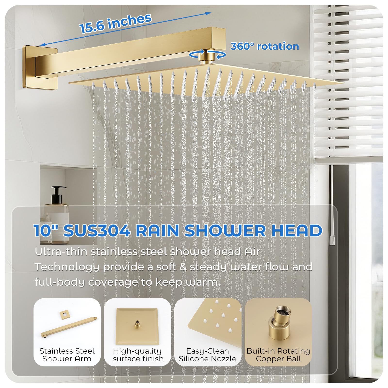 Gold Shower Faucet Set, 10 inch Rain Shower System with Pressure Balance Valve, Wall Mounted 2-Functions Bathroom Shower Systems with Rain Shower and Handheld Spray Shower Trim Included: 10 Inch Brushed Gold