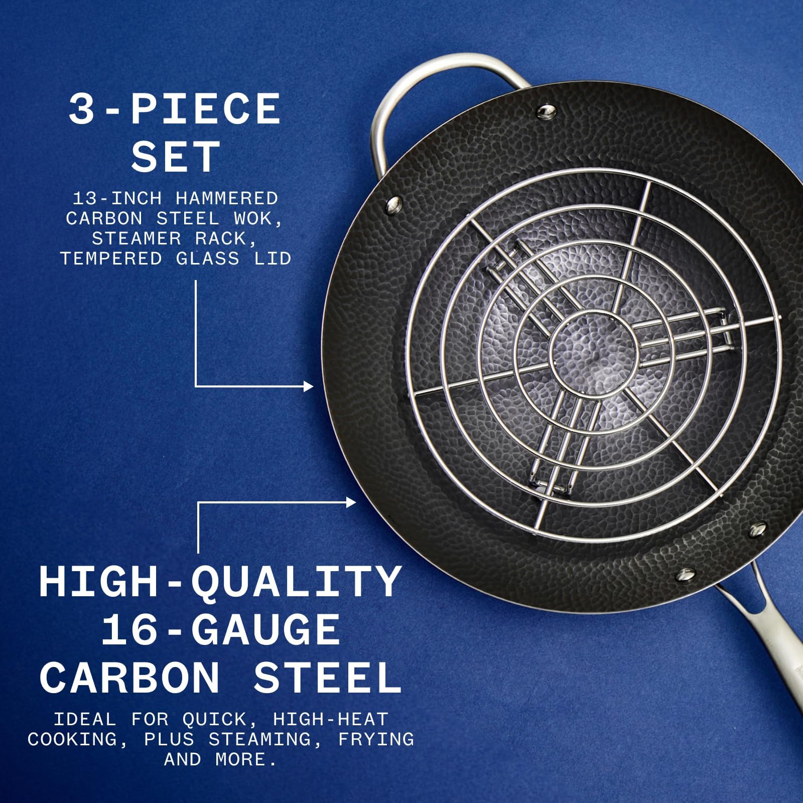 Milk Street - Wok de acero al carbono martillado de 3 piezas de 33 cm