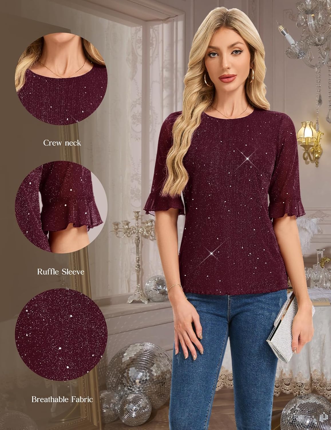 HomRain Womens Ruffle 3/4 Sleeve Sparkle Top Blouses Casual Shirts Crew Neck Glitter Night Out Tops for Elegant Evening - Image 4