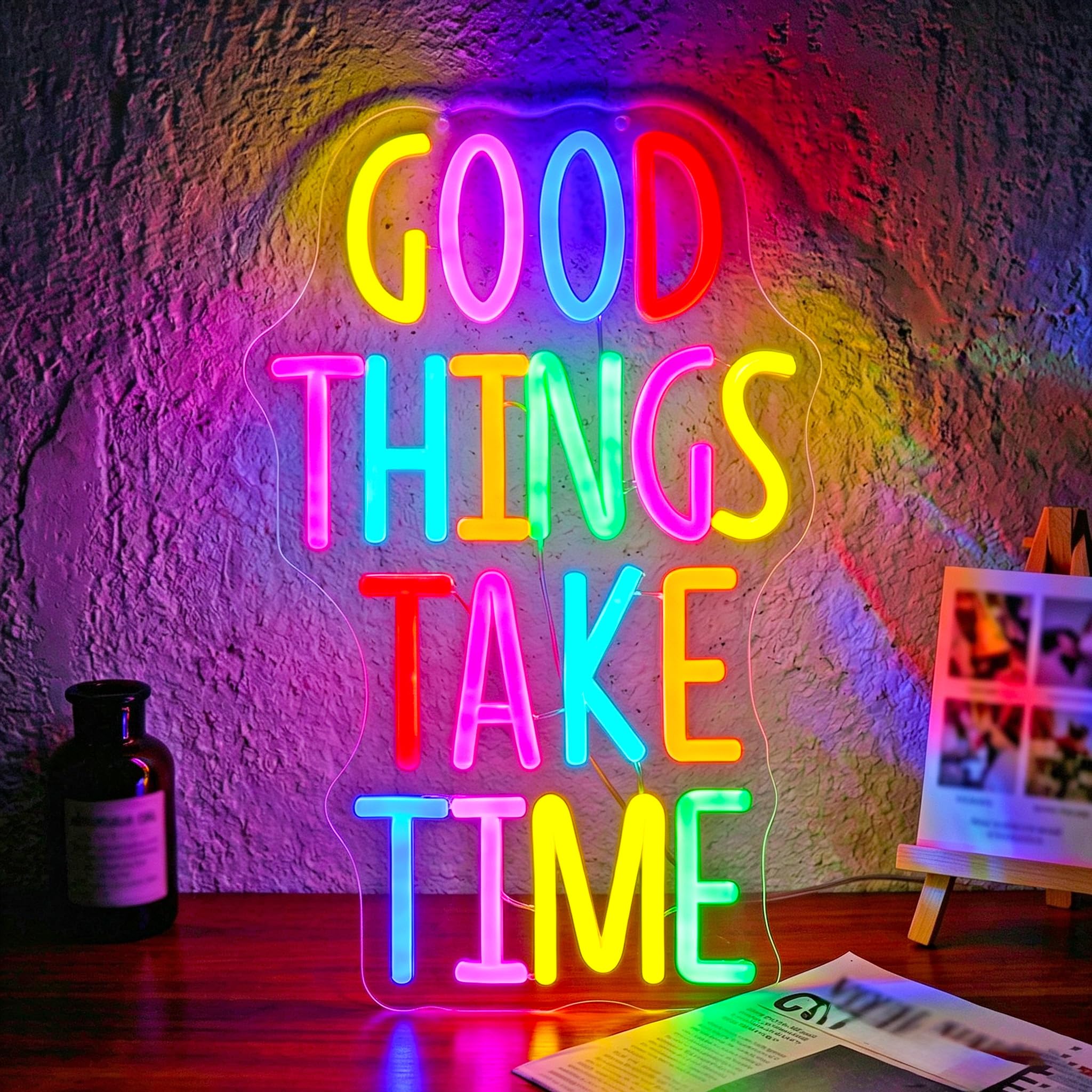 Neon Sign, Positive Neon Signs for Wall Decor LED Signs Neon Light | Good Tings Take Time Neon Sign for Bedroom, Living room, Home, Inspiration Office Decor, Gift, Dimmable, USB Powered