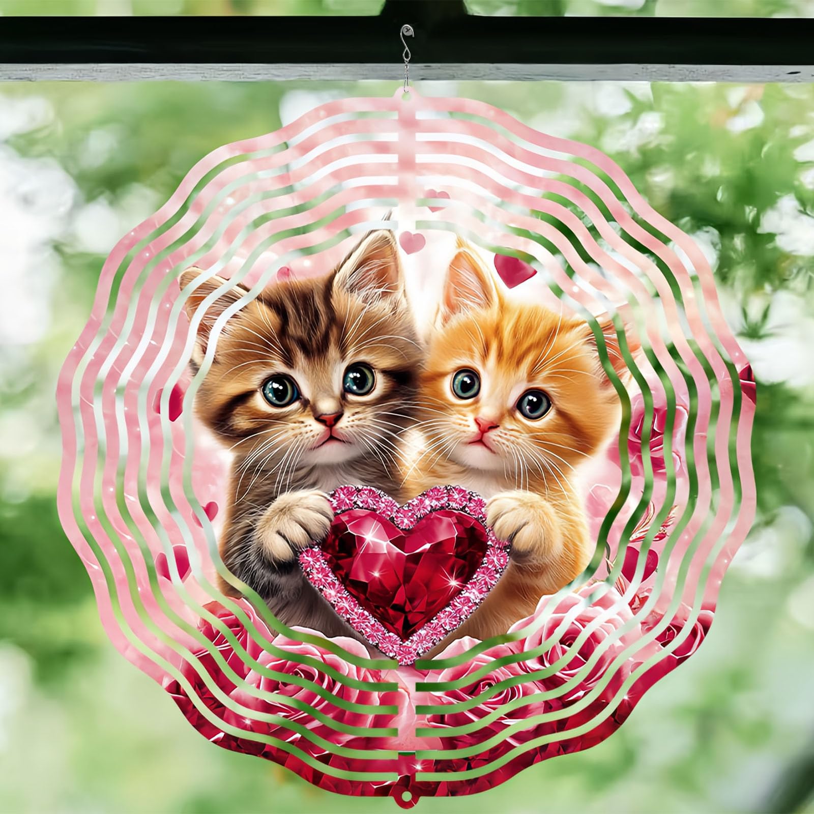10 Inch Cat Wind Spinner, 3D Stainless Steel Hanging Kinetic Wind Sculpture Gifts for Garden Yard Art Indoor Outdoor Window Porch Front Door Decor, Women, Spring Decorations