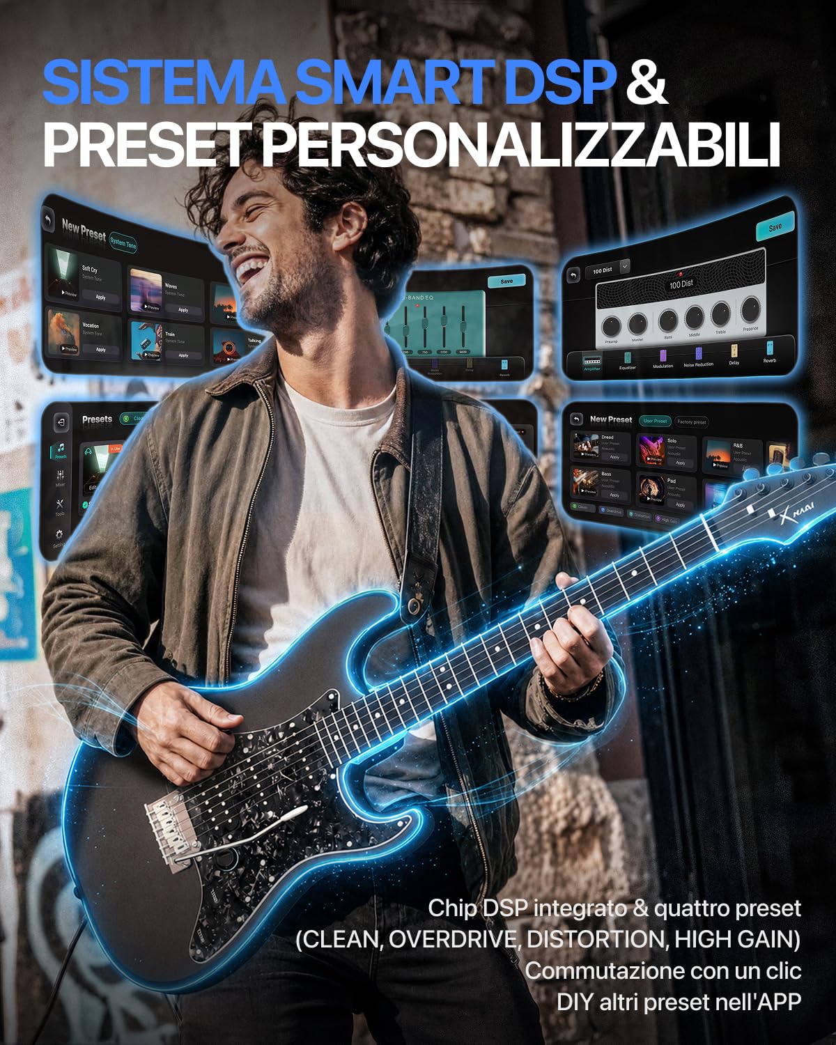 Enya XMARI - Chitarra elettrica intelligente con effetti DSP integrati, 4 preset, registrazione USB-C OTG, uscita cuffie, pickup in Alnico con bobina split, corpo in fibra di carbonio, amplificatore