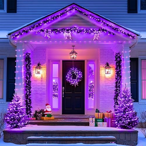 Miniatura 7 de JMEXSUSS Paquete de 2 luces moradas de Navidad a pilas para exteriores, impermeables, cada cadena de 100 luces LED de 33 pies, luces moradas a pilas