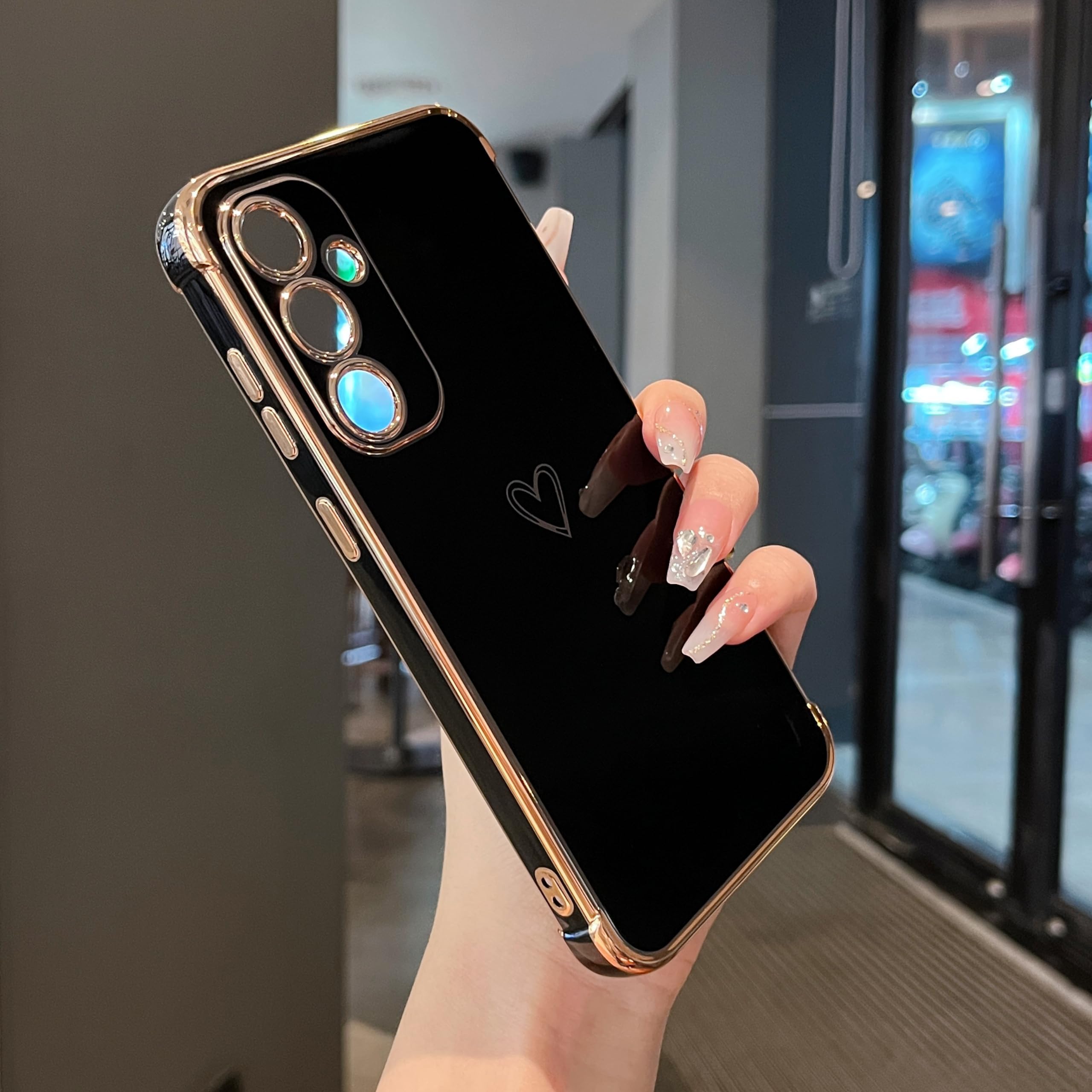 ZTOFERA Compatible with Samsung Galaxy A35 5G Case for Girls Women, Flexible Soft Silicone Protective Phone Case with Cute Love Heart Pattern Golden Edging Shockproof Bumper Cover, Black