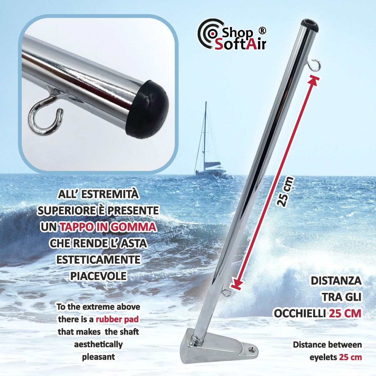 Mástil portabandista porta bandera de acero inoxidable 35 o 50 cm con soporte o para púlpito para embarcaciones barco yate bandera italiana incluida