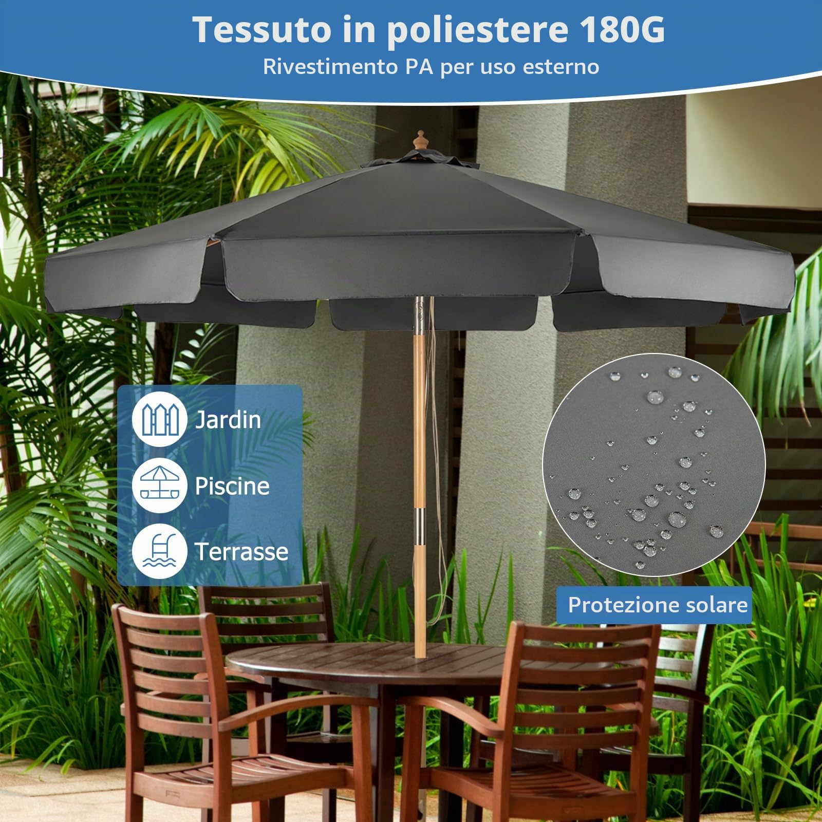 Giantex 3 M Ombrelloni da Esterno, 2 in 1 Inclinabile e Richiudibile, a 8 Stecche, Palo di 48 mm, con Tendaggio Parasole per Pioggia e Sole, 2 Colori Disponibili