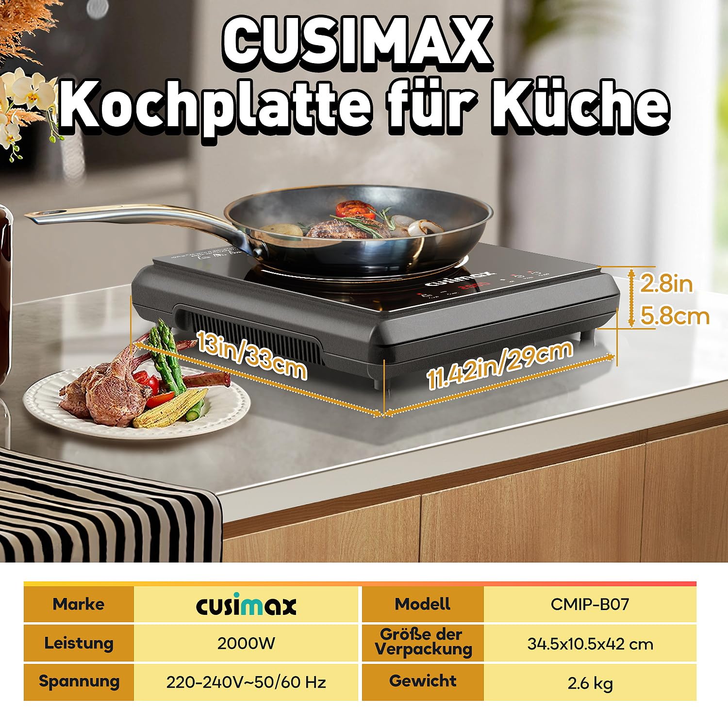 CUSIMAX Kochplatte, 2000W Elektro Kochplatte für zu Hause mit 9 Geschwindigkeiten, keramische Herdplatte Sensor Touch, Kindersicherung und Timer, kompatibel für alle Kochgeräte