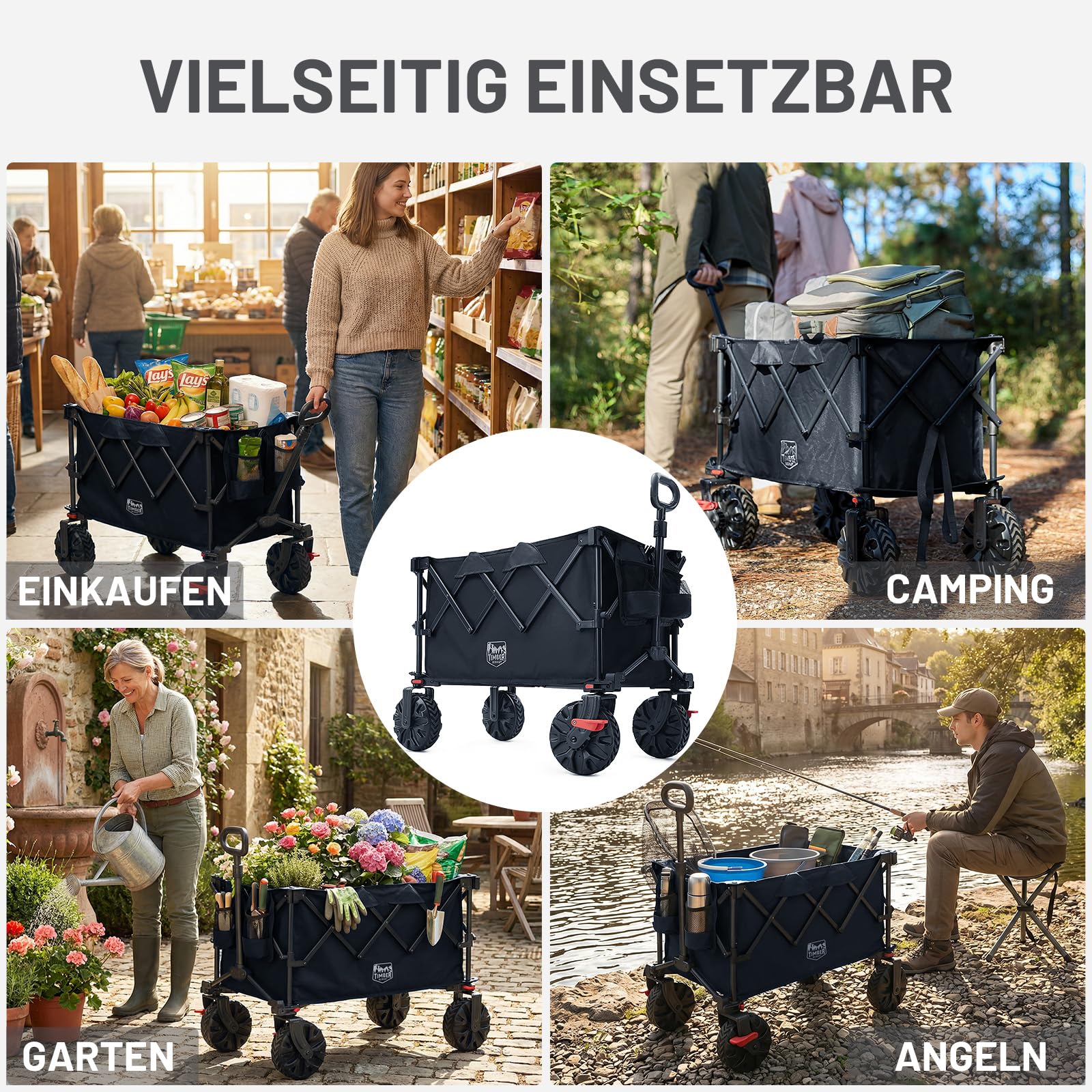 TIMBER RIDGE XXL Bollerwagen Faltbar 250L Breite Reifen mit Bremsen Strandwagen Klappbar 150KG Belastbar mit Getränkehalter All Terrain Transportwagen für Camping Einkaufen Garten
