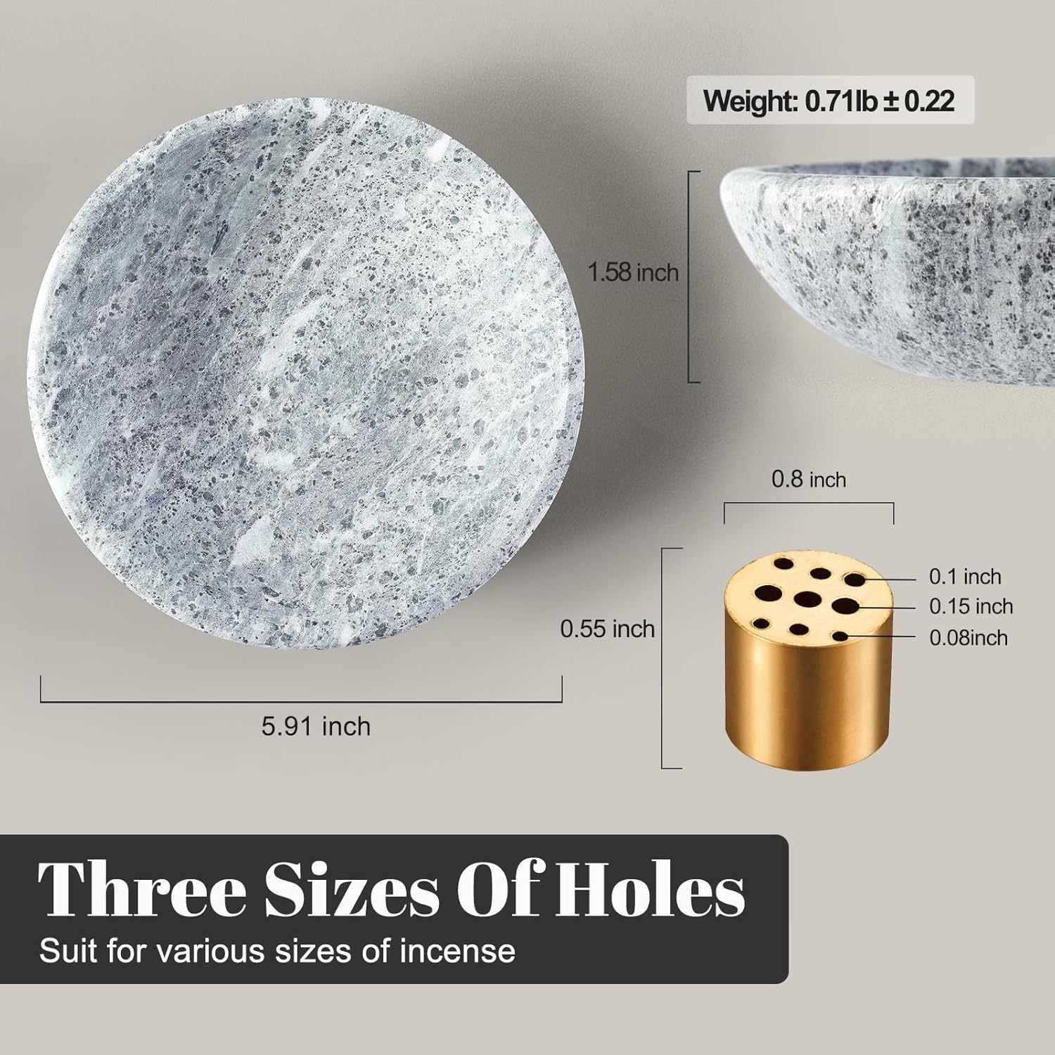 Koville Natural Marble Incense Holder, Incense Holder for Sticks with 9 Holes, Handmade Incense Burner Ash Catcher for Meditation Yoga SPA, Balsam Fir/Palo Santo/Sage/Cone (Grey) D=150-soapstone