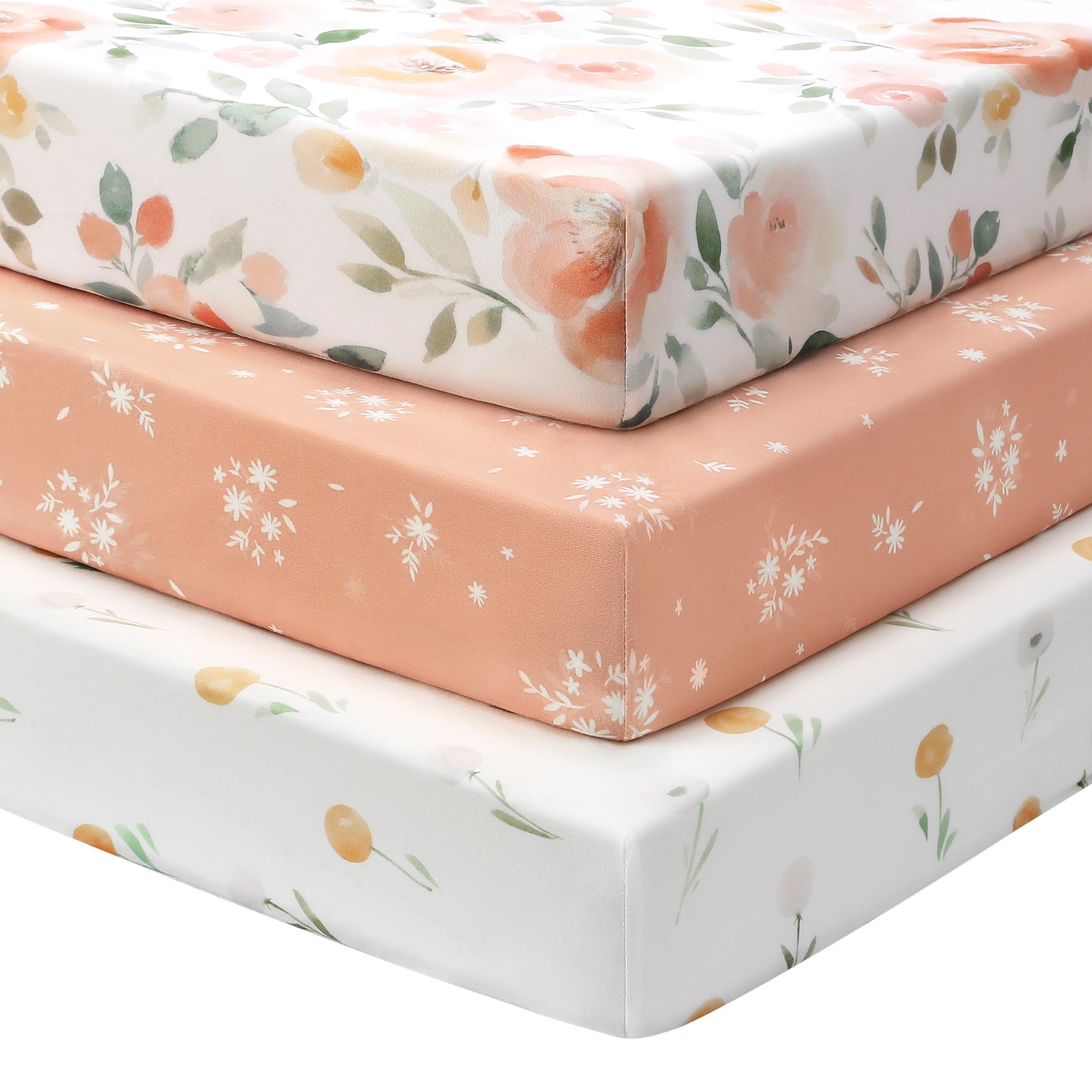 Baby Cot Sheets 120 x 60cm Fitted, 3 Pack Cot Bed Sheets, Ultra Soft & Silky Smooth Microfiber Cot Fitted Sheets Orange Watercolor Flower