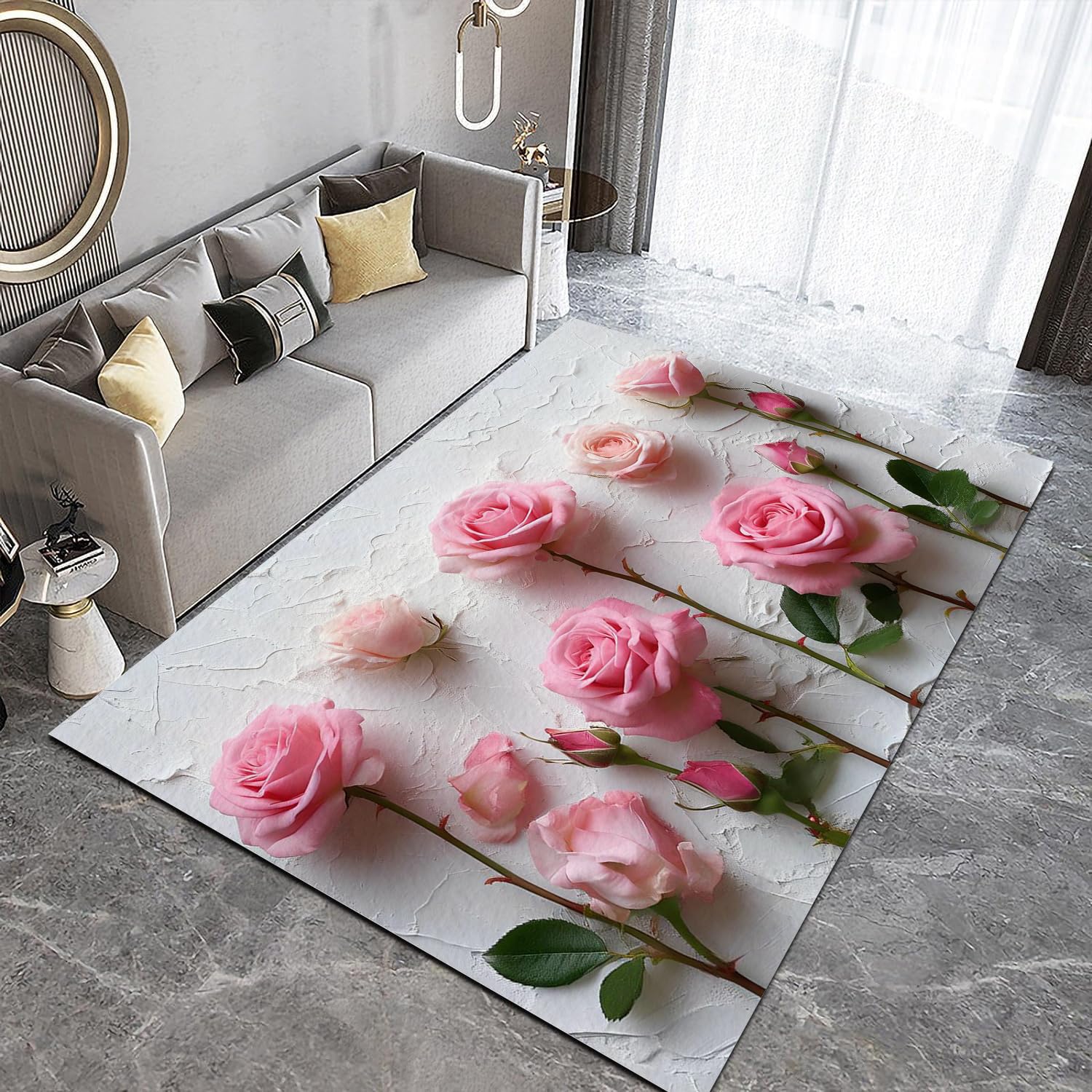 Tapis de salon rose 60x90cm floral lavable et antidérapant pour chambre