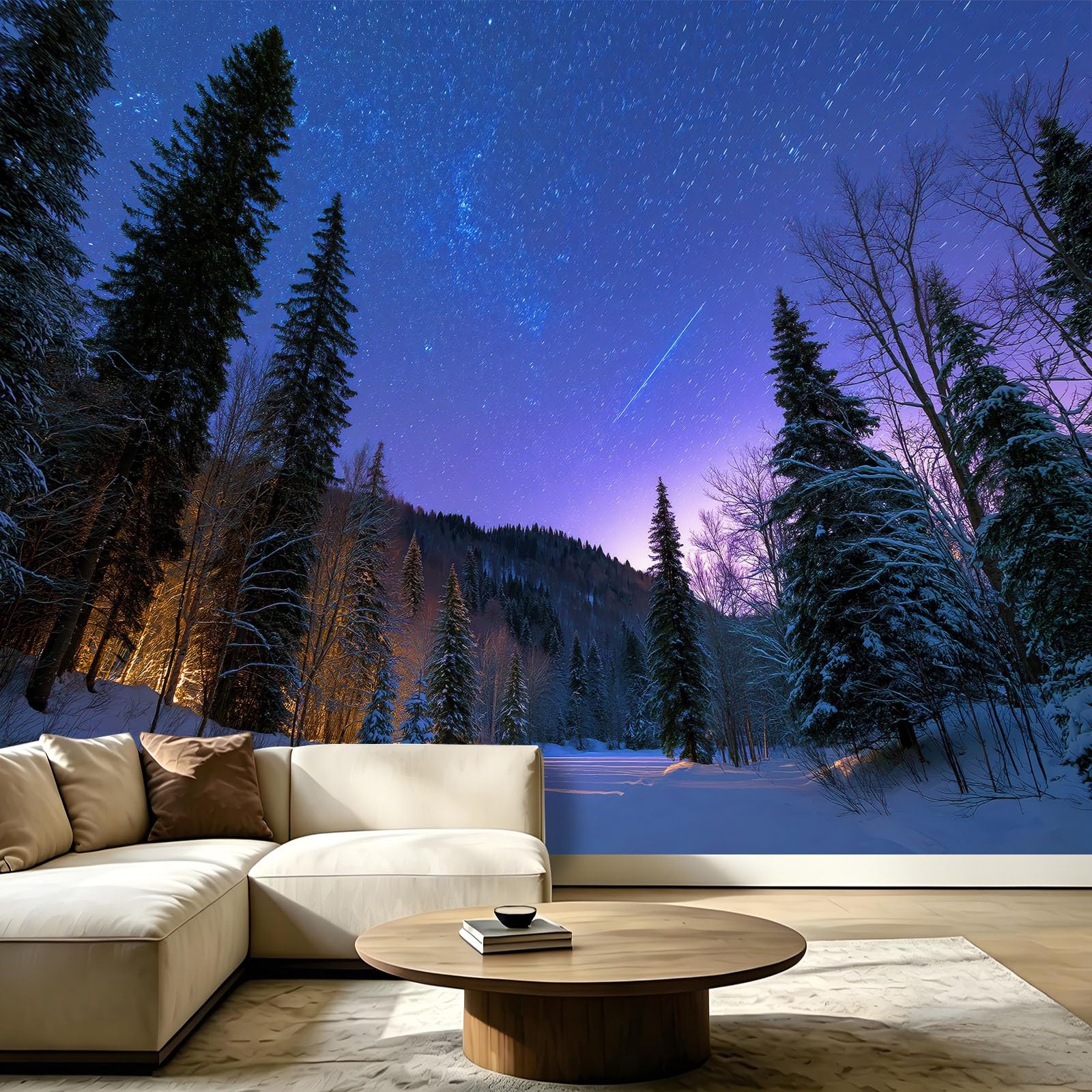 Fotografia gwiaździste niebo zima fototapeta 200 x 140 cm las meteor śnieg las sosnowy zdjęcie włóknina tapeta pokrycie ścian, dekoracja do salonu sypialni, akademika domu biura dekoracja
