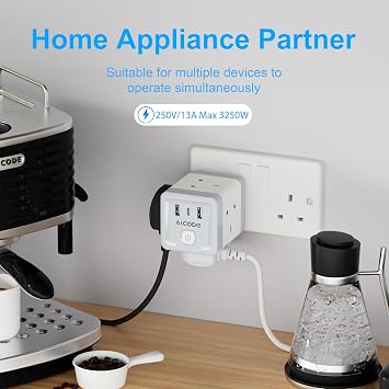 AICODE Plug Extension Socket with 3 USB,4 Way Multi Plug Adapter UK Charger