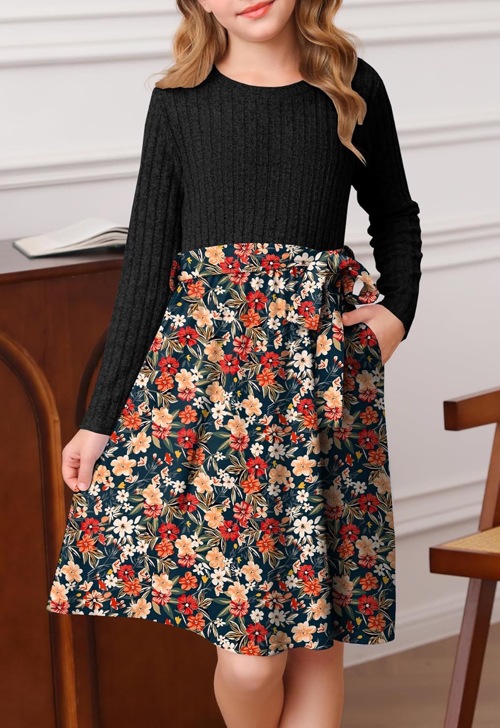 YOVION Girls Fall Long Sleeve Dress Floral A-Line Swing Holiday Casual Knit Dresses with Belt for 6-12 Years - Image 3