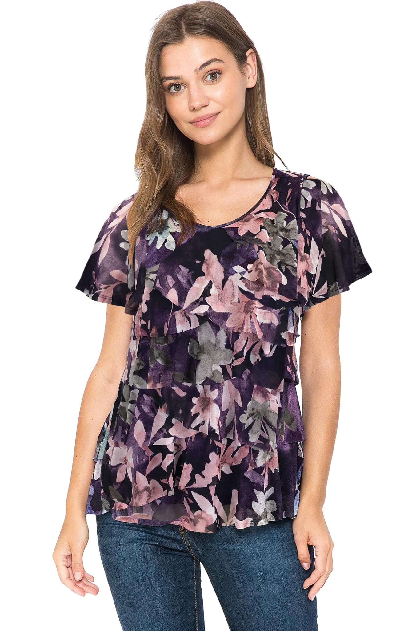 LEEBE Women and Plus Size Printed Mesh Ruffle Top (Small-5X)