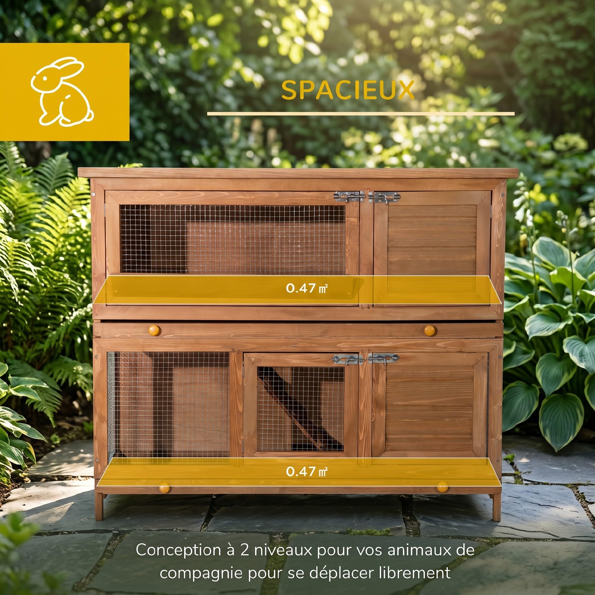 PawHut Cage à Lapin de Grande Taille en Bois de pin avec 2 étages, Toit ouvrant, râtelier à Foin, poulailler clapier dim. 120L x 48l x100H cm
