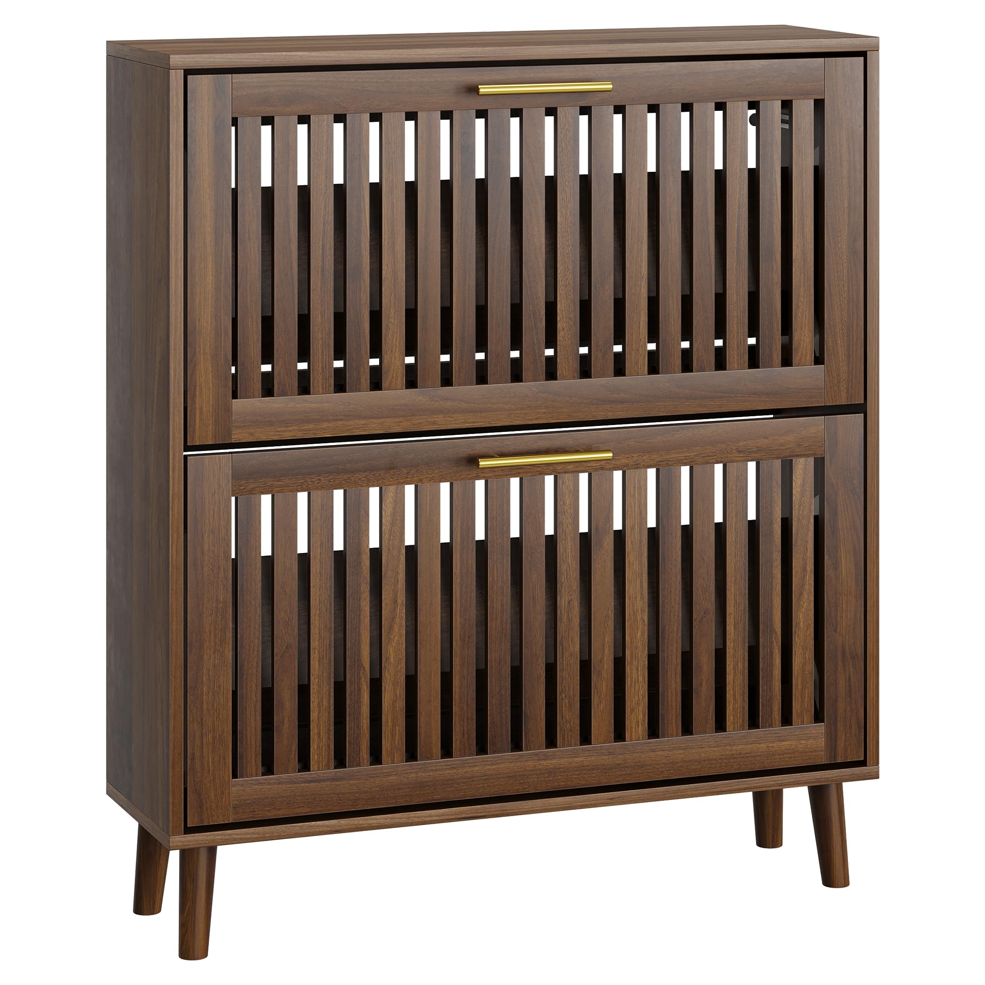 Smart FENDEE Schuhschrank Bauernhausstil, schmaler freistehender Schuh-Organizer mit 2 klappbaren Latten-Schubladen (Slatted), goldene Griffe, versteckter Eingangsbereich für Flur, Walnuss 80B cm