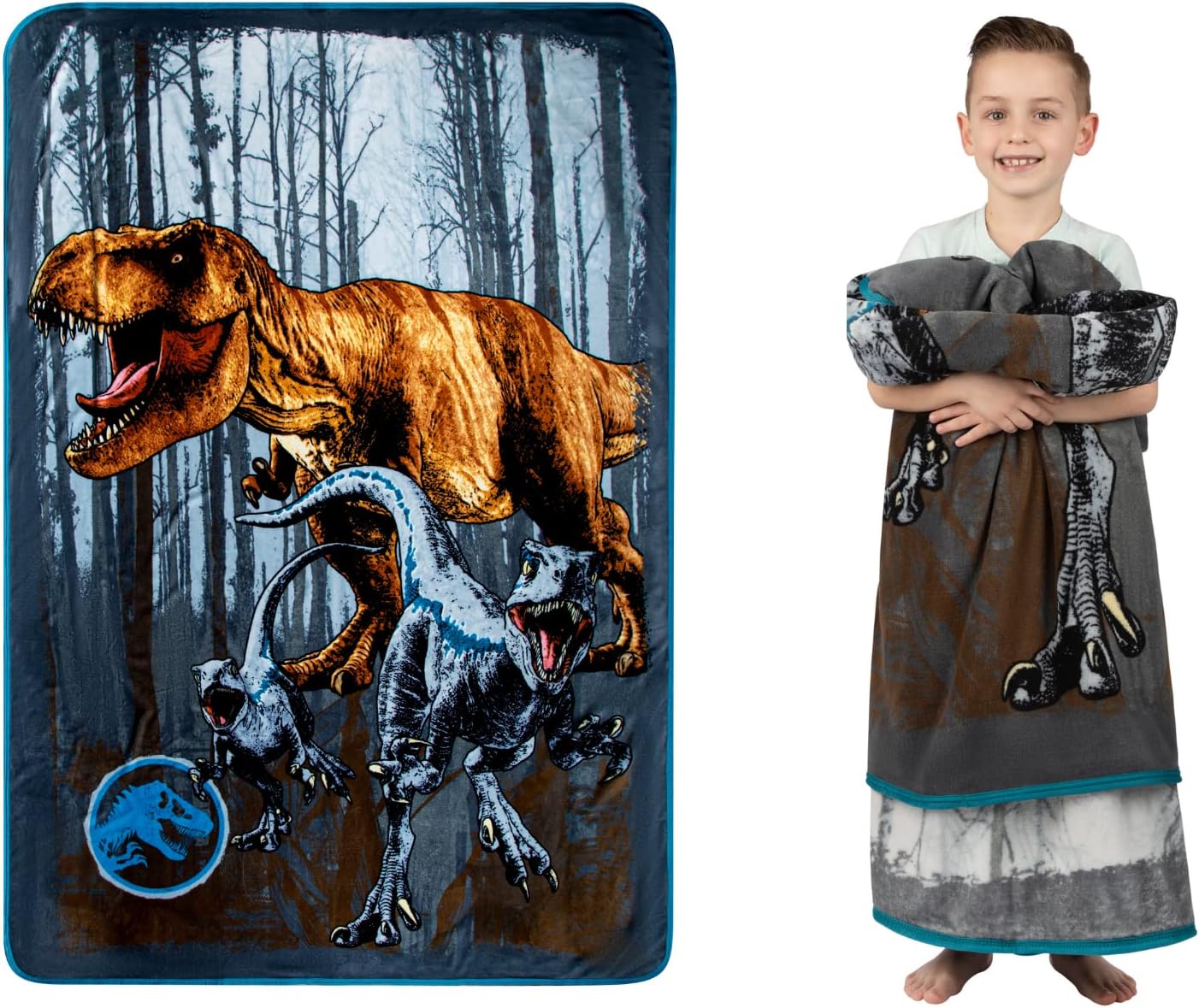 Franco Jurassic World Dominion Blue Velociraptor and Rexy T-Rex Super Soft Plush Micro Raschel Blanket, 62 Inches x 90 Inches, Bedding by Kids