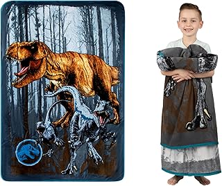 Jurassic World Dominion Blue Velociraptor and Rexy T-Rex Super Soft Plush Micro Raschel Blanket, 62 Inches x 90 Inches, Bedding by Franco Kids
