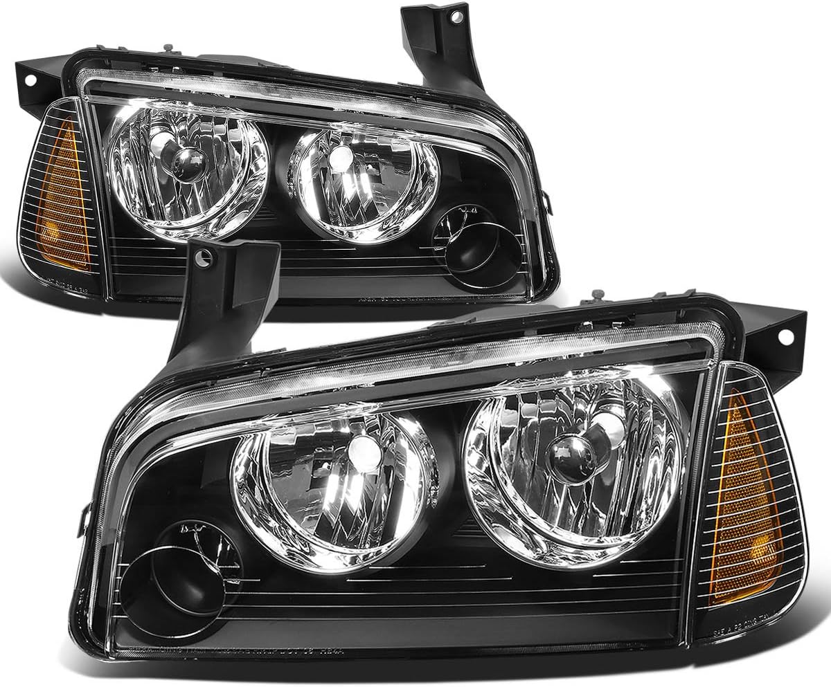DNA MOTORING Pair of OE Style Headlights Compatible with 06-10 Dodge Charger, Black/Amber, HL-OH-CHA05-4P-BK-AM