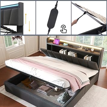 Upholstered King Bed with USB Charging Function, Ottoman Bed with Headboard with Storage and LED Lighting, Multifunctional Bed with Large Storage Space, Grey (No Mattress) (150cmX200cm)