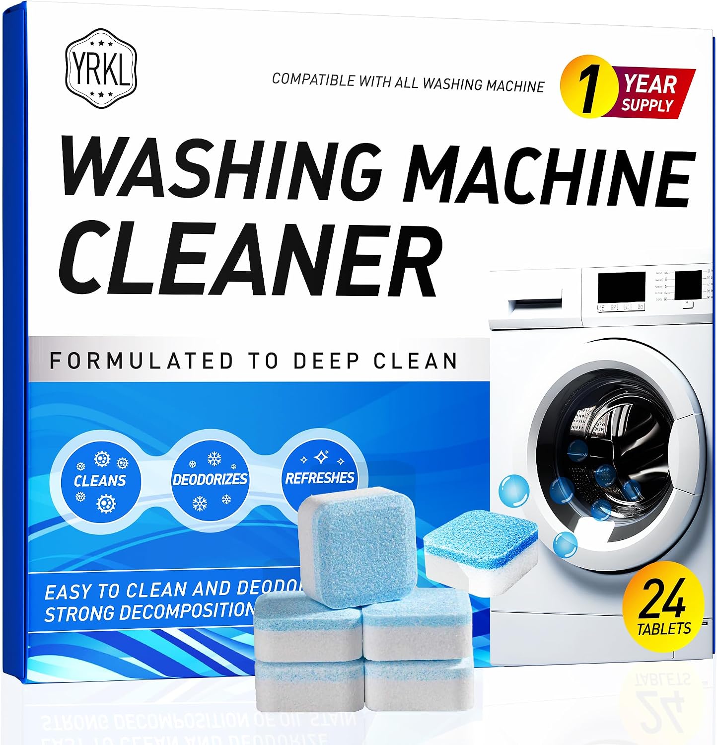 Washing Machine Cleaner Tablets – 24-Pack Deep Cleaning & Descaler for HE, Front Load & Top Load washer cleaner tablets, Septic-Safe, 12-Month Supply