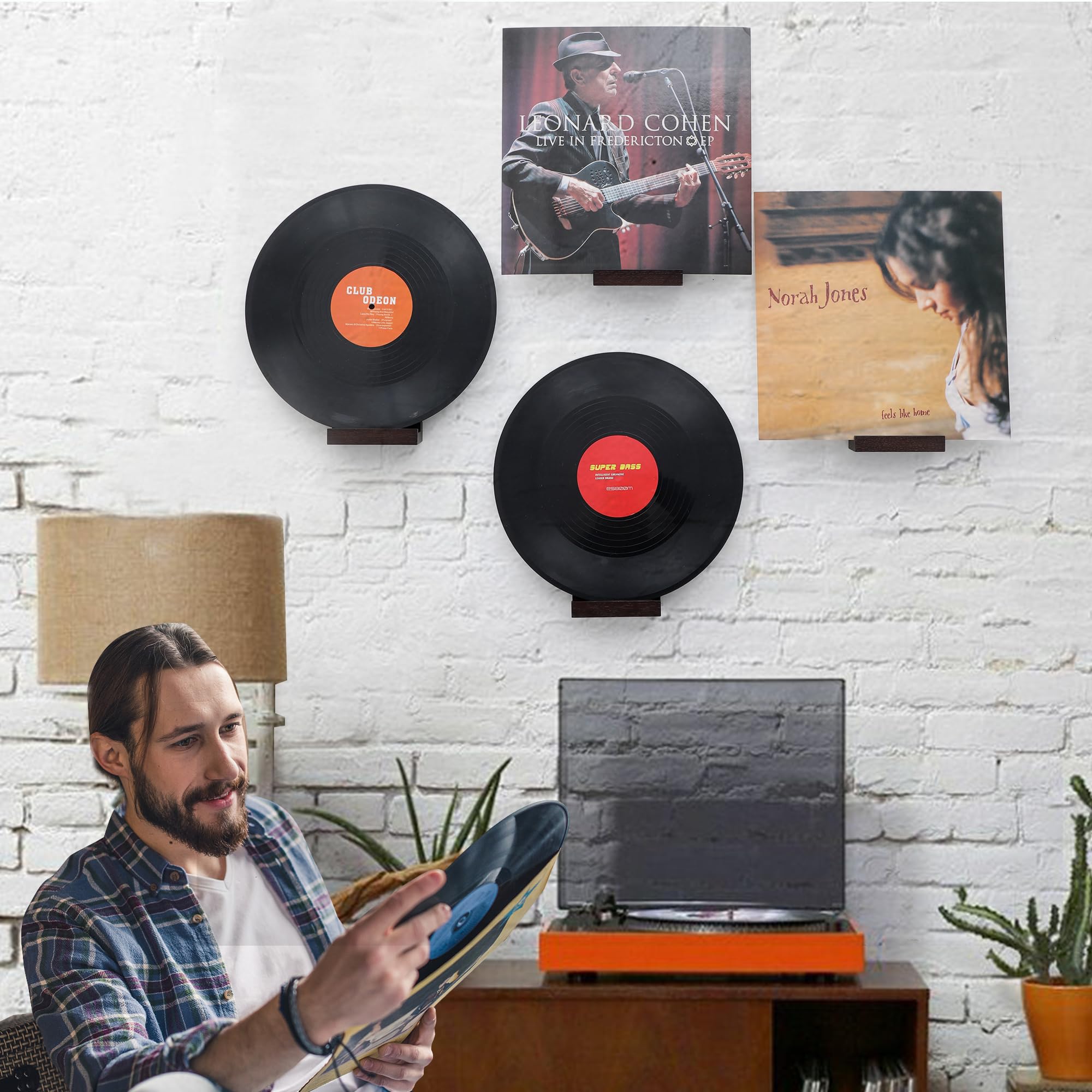 MITREL Juego De 12 Estantes De Madera De Roble Macizo, Estante De Pared para Discos, Soporte para Discos De Albumes, Estantes De Repisa De Fotos(Nogal Oscuro)