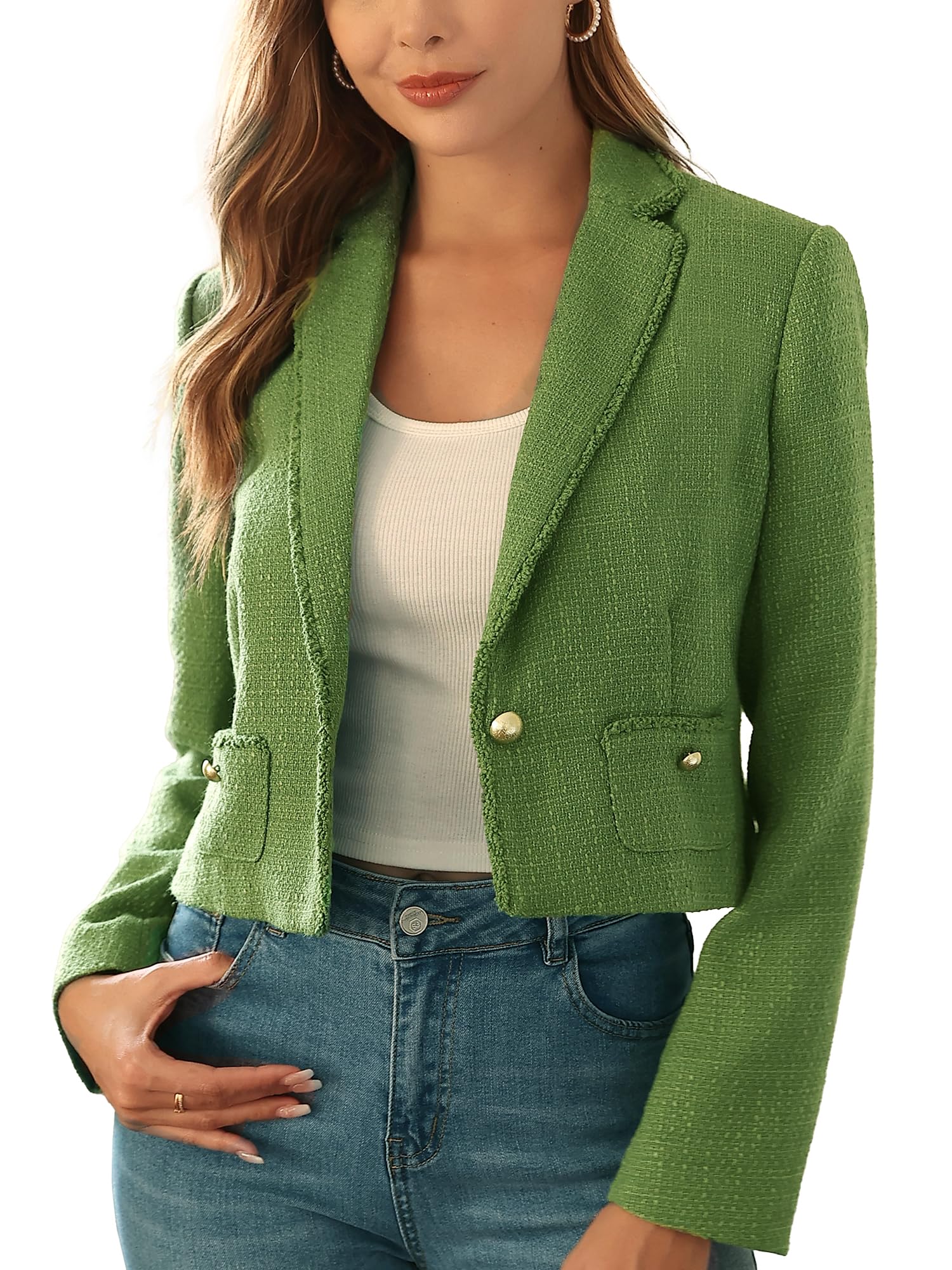 M Infisavo Womens Cropped Tweed Jacket Blazer with Pockets Long Sleeve Open Front Notch Lapel Cardigan Elegant for