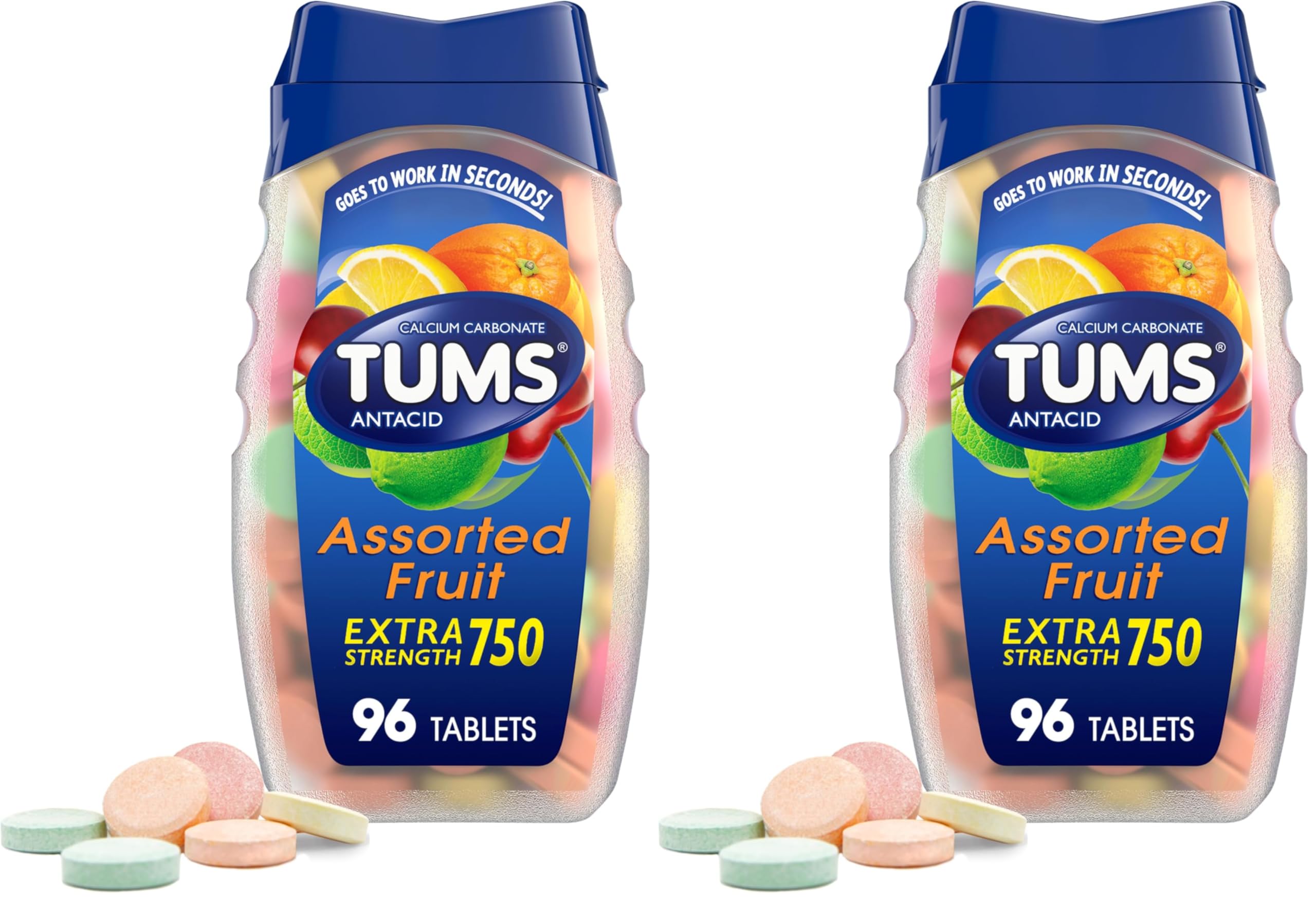 TUMS Extra Strength Antacid Tablets for Chewable Heartburn Relief and Acid Indigestion Relief, Assorted Fruit Flavors - 96 Count (Pack of 2)